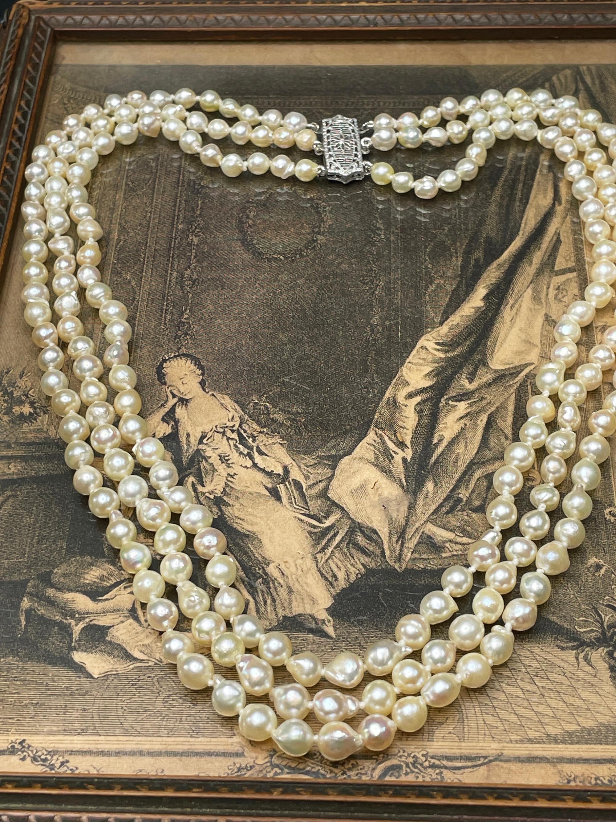 GIA Multi 3-Strand Akoya Baroque Japanese Pearl 14K White Gold Vintage Necklace 10