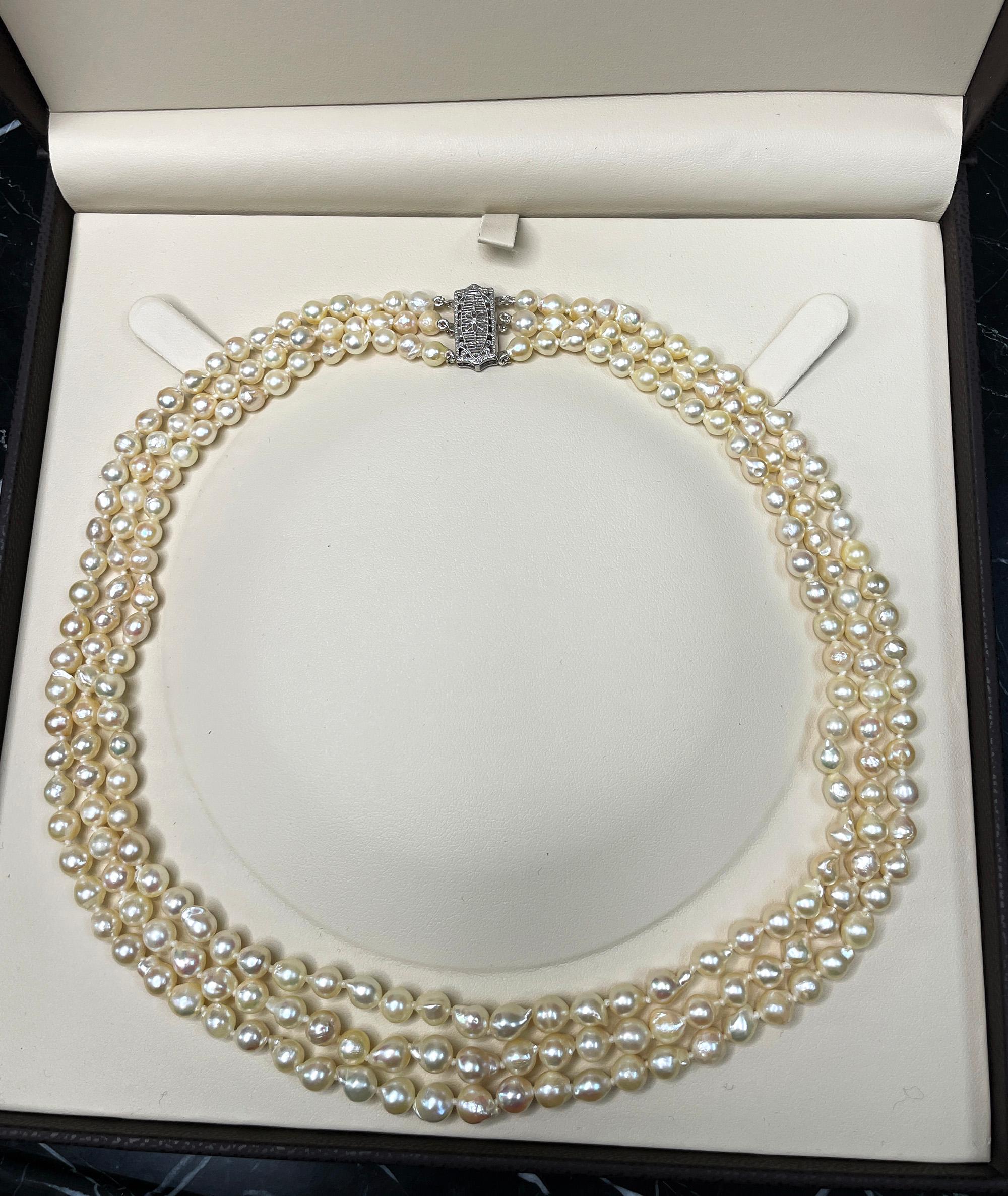GIA Multi 3-Strand Akoya Baroque Japanese Pearl 14K White Gold Vintage Necklace 11