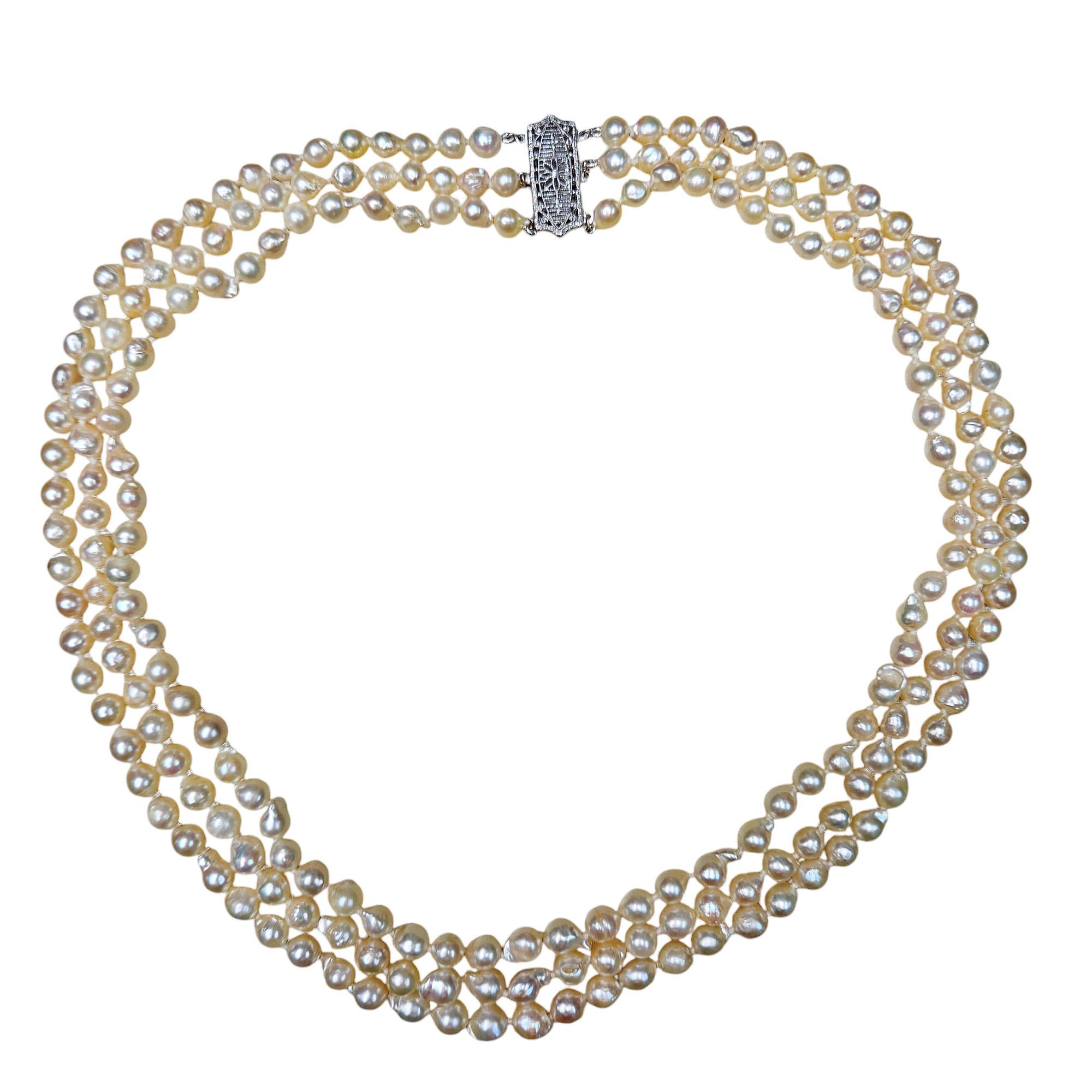 GIA Multi 3-Strand Akoya Baroque Japanese Pearl 14K White Gold Vintage Necklace 12