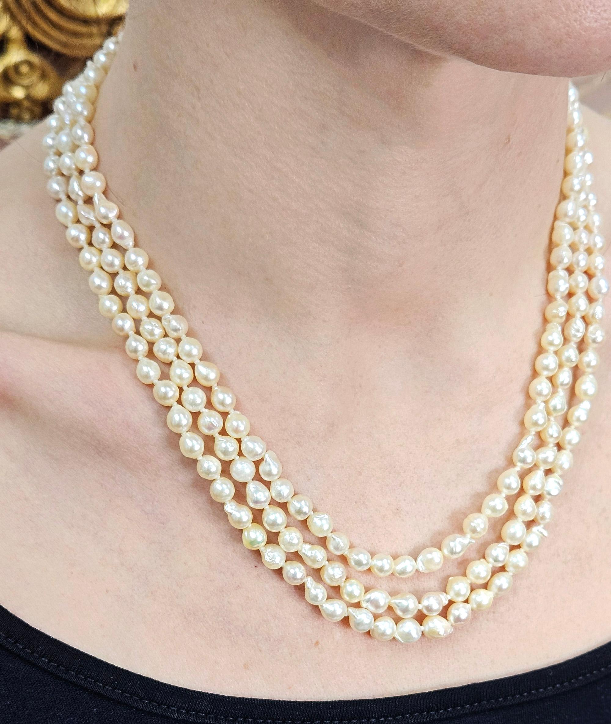 GIA Multi 3-Strand Akoya Baroque Japanese Pearl 14K White Gold Vintage Necklace 13