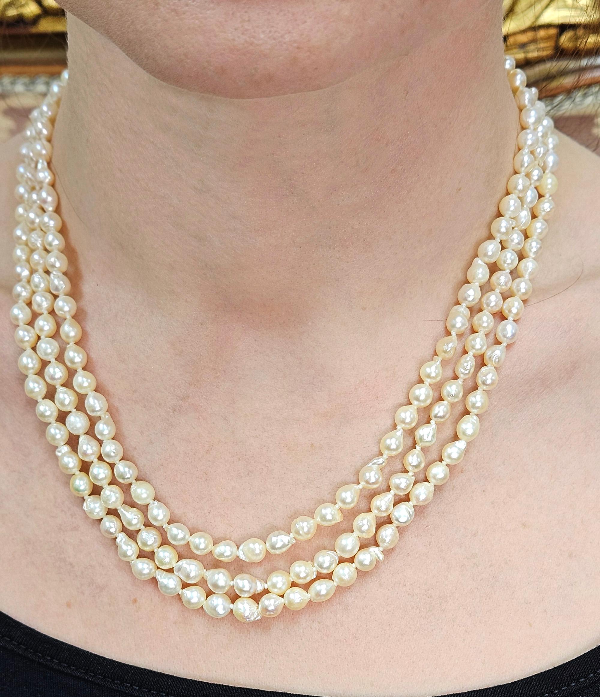 Women's GIA Multi 3-Strand Akoya Baroque Japanese Pearl 14K White Gold Vintage Necklace