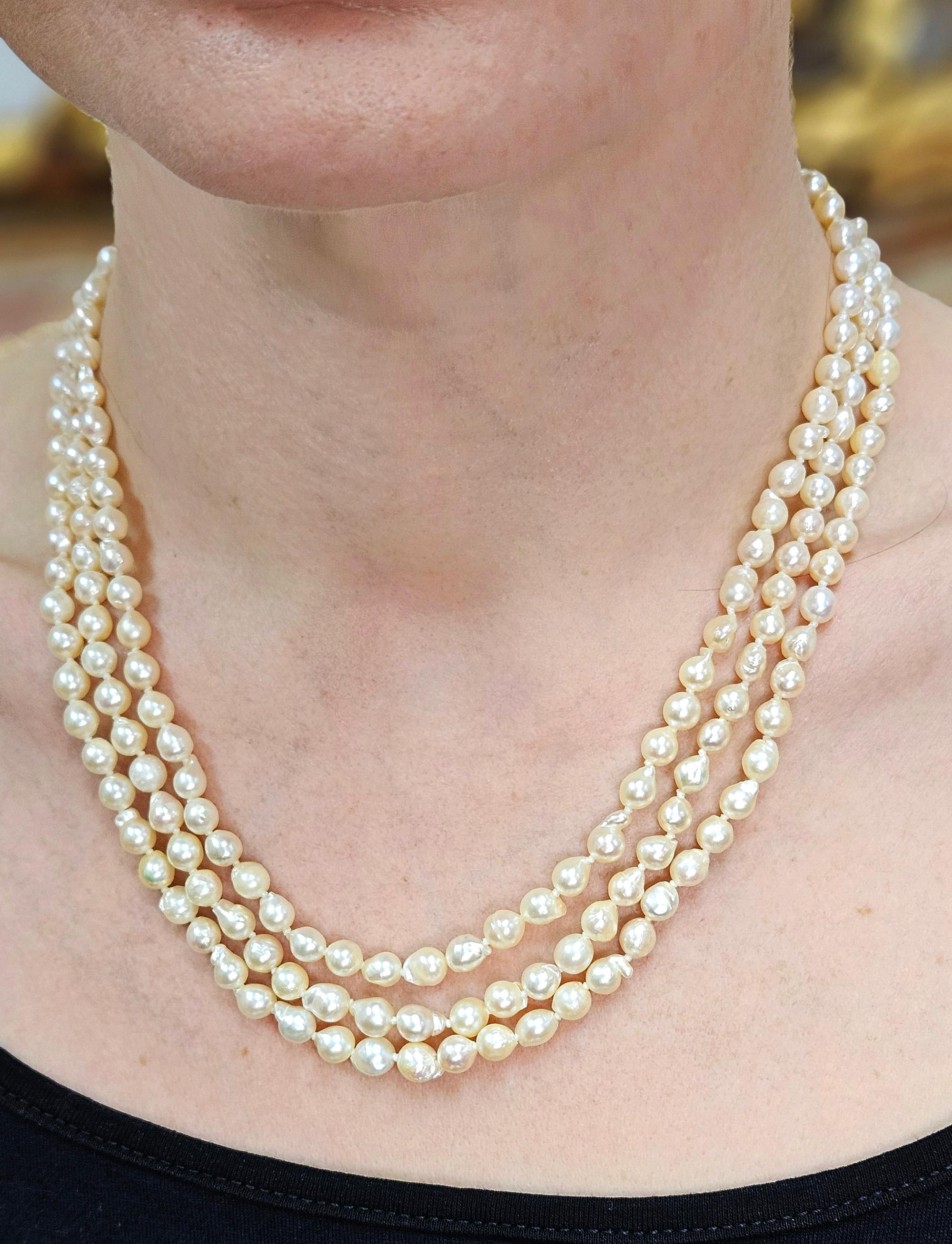 GIA Multi 3-Strand Akoya Baroque Japanese Pearl 14K White Gold Vintage Necklace 14