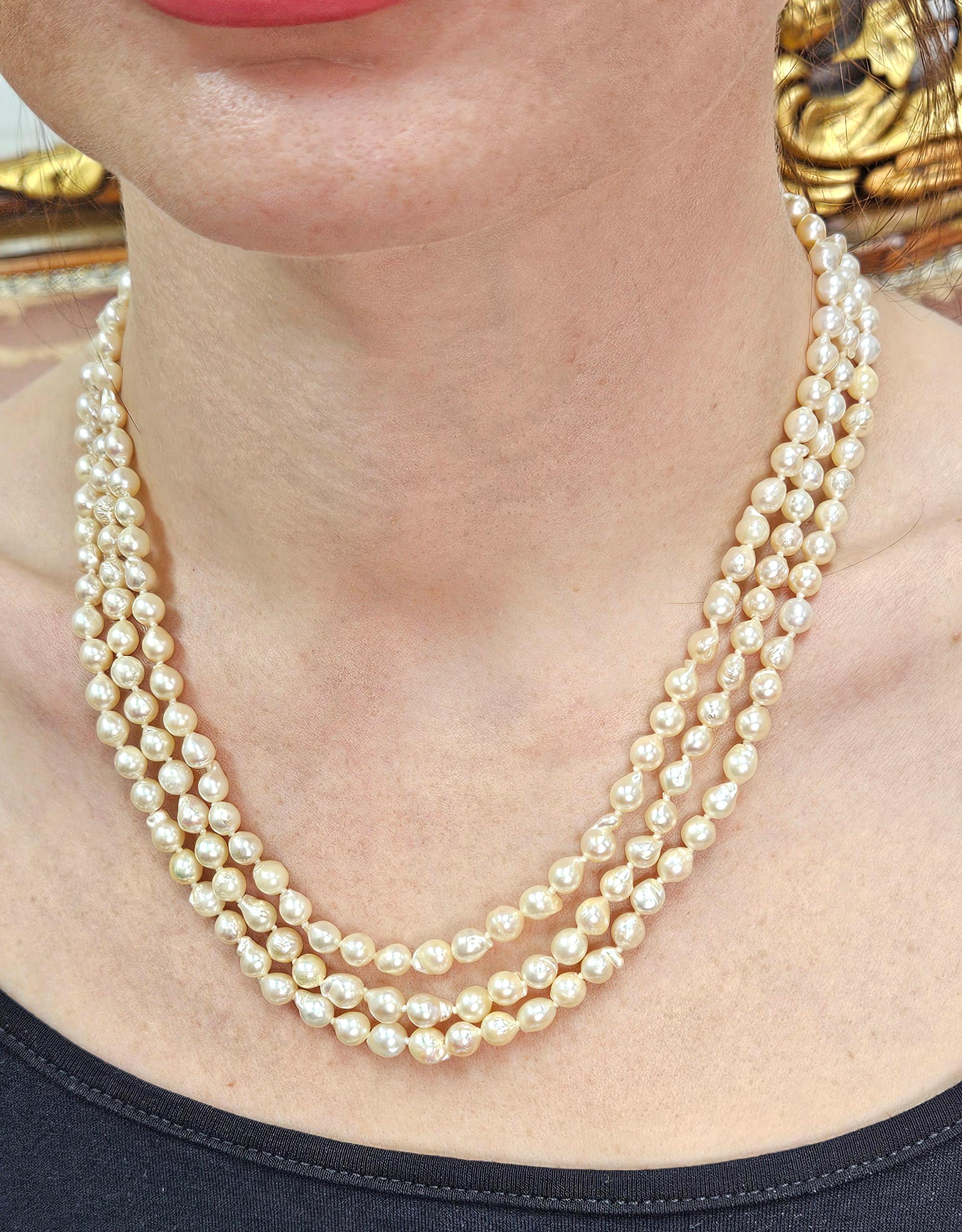 GIA Multi 3-Strand Akoya Baroque Japanese Pearl 14K White Gold Vintage Necklace 5