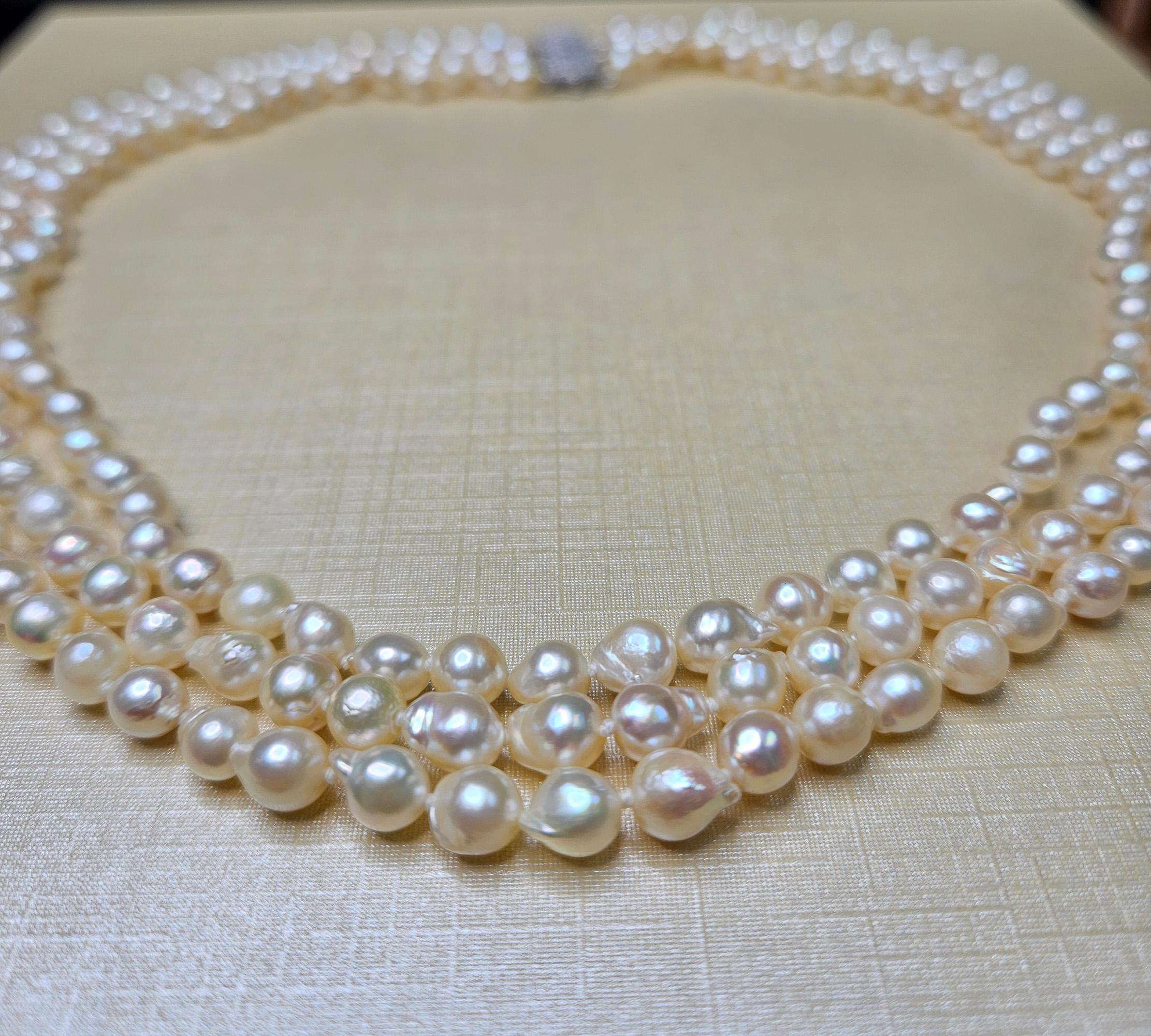 Bead GIA Multi 3-Strand Akoya Baroque Japanese Pearl 14K White Gold Vintage Necklace