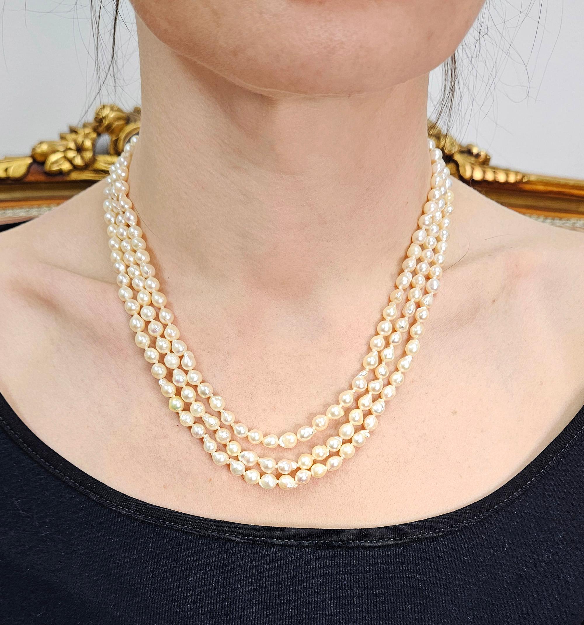 Modern GIA Multi 3-Strand Akoya Baroque Japanese Pearl 14K White Gold Vintage Necklace