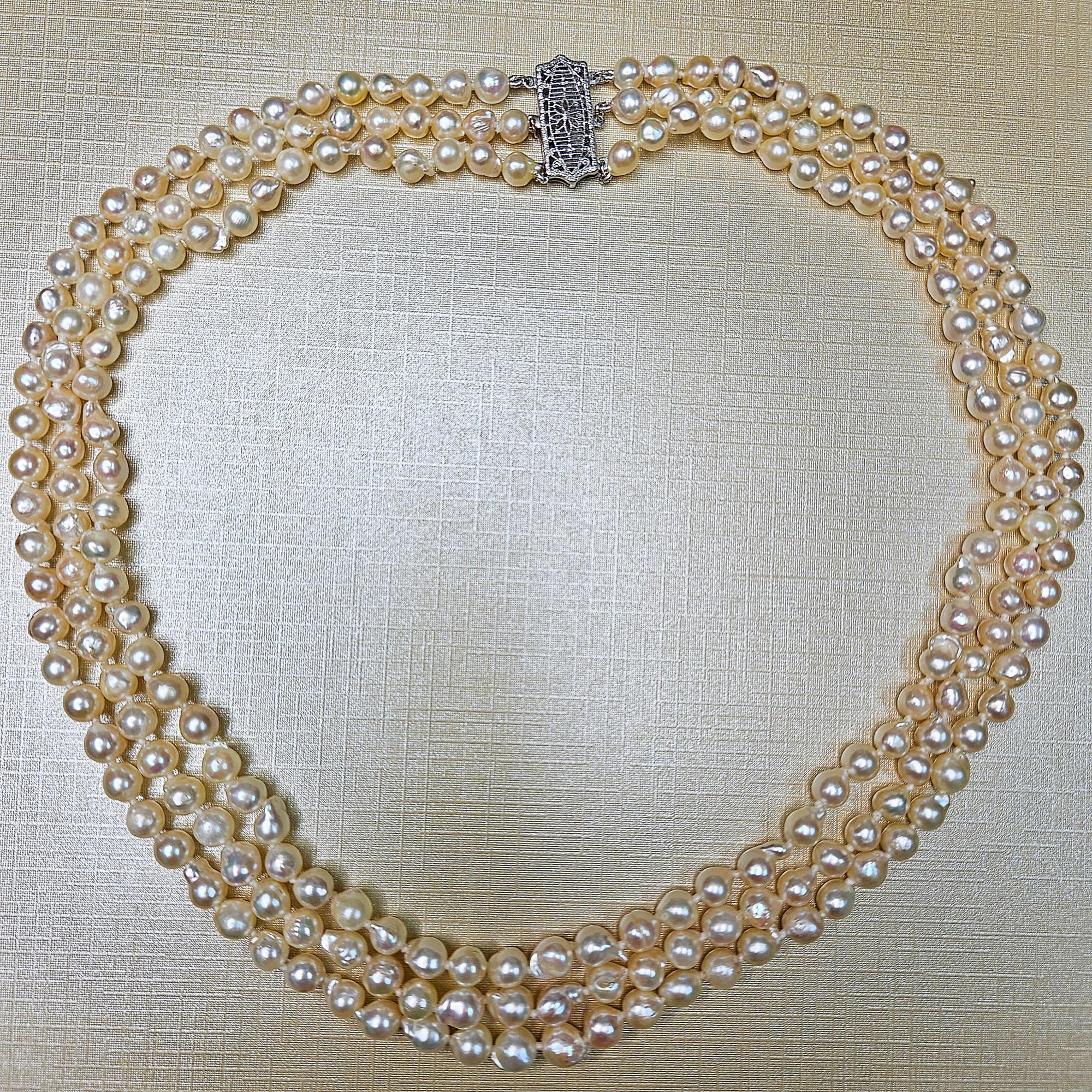 GIA Multi 3-Strand Akoya Baroque Japanese Pearl 14K White Gold Vintage Necklace In Good Condition In New York, NY