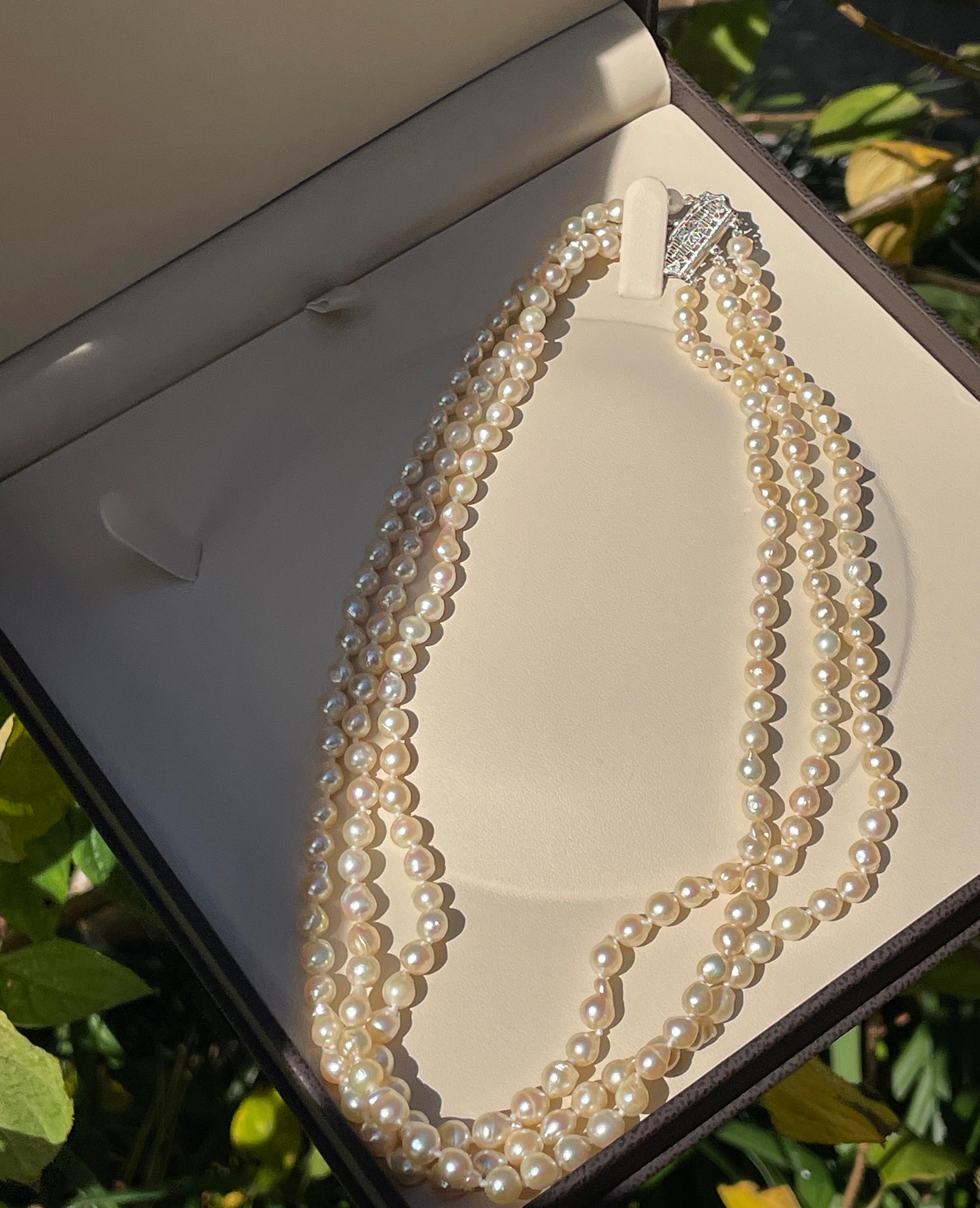 GIA Multi 3-Strand Akoya Baroque Japanese Pearl 14K White Gold Vintage Necklace 1