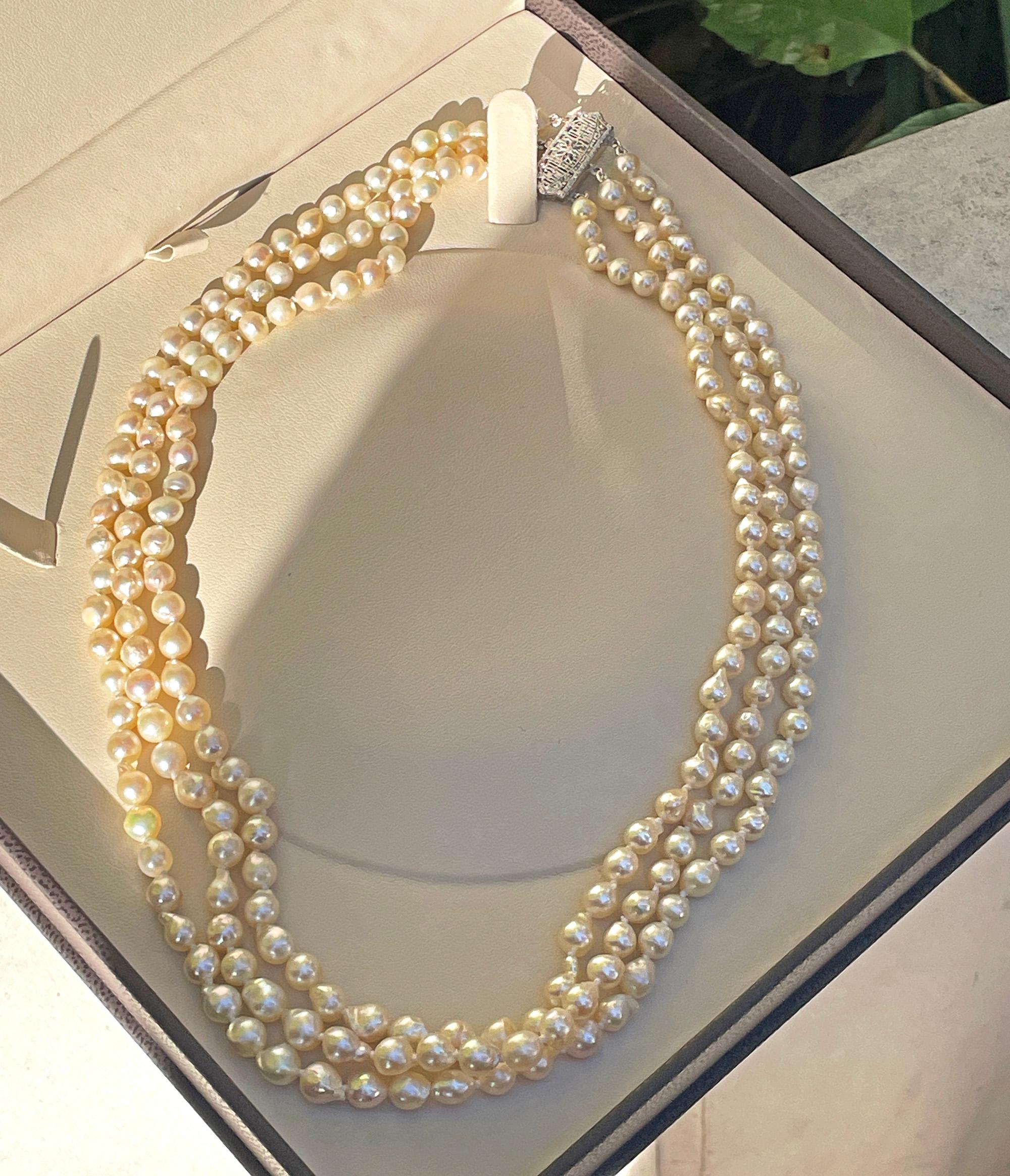 GIA Multi 3-Strand Akoya Baroque Japanese Pearl 14K White Gold Vintage Necklace 2