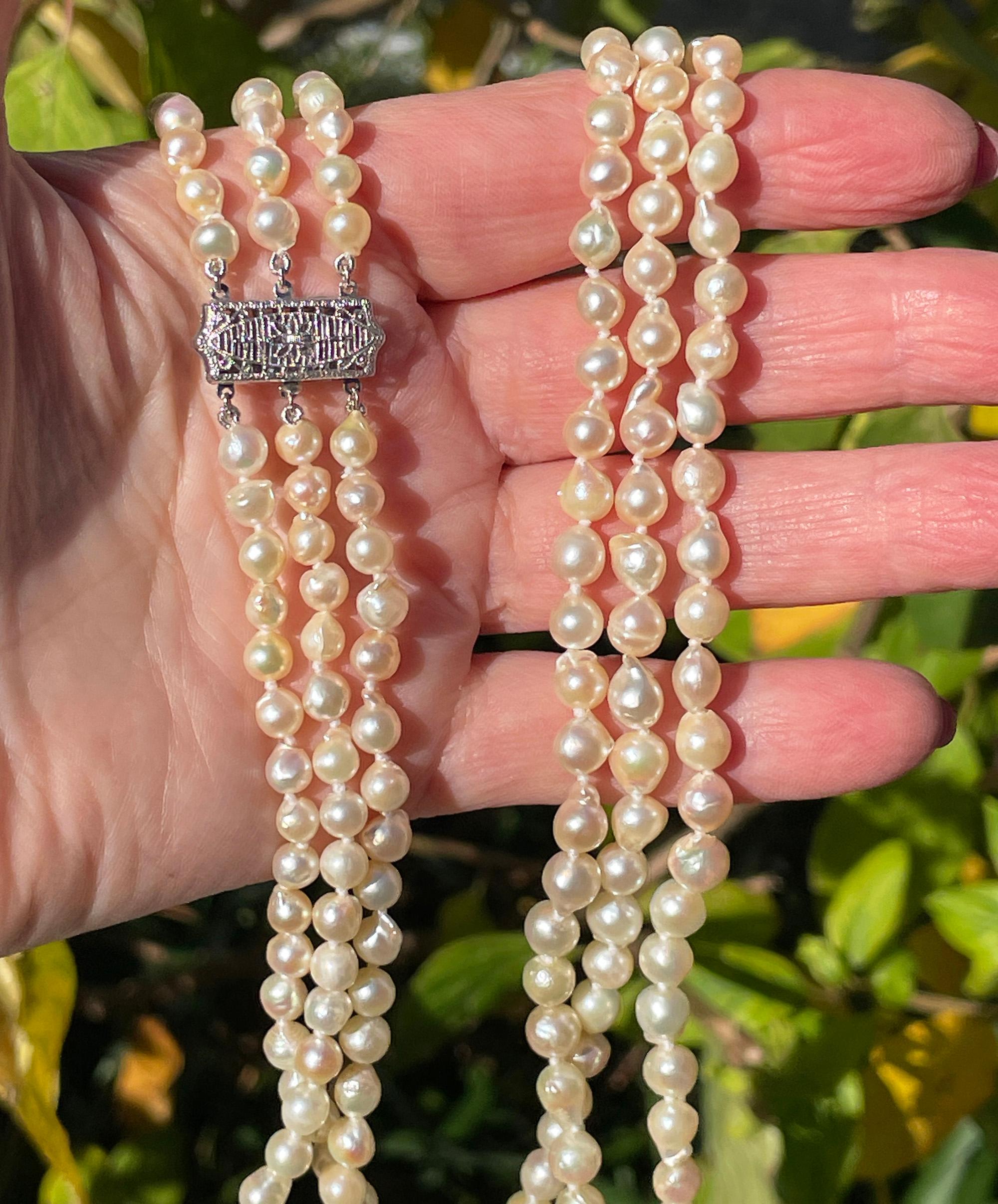 GIA Multi 3-Strand Akoya Baroque Japanese Pearl 14K White Gold Vintage Necklace 3