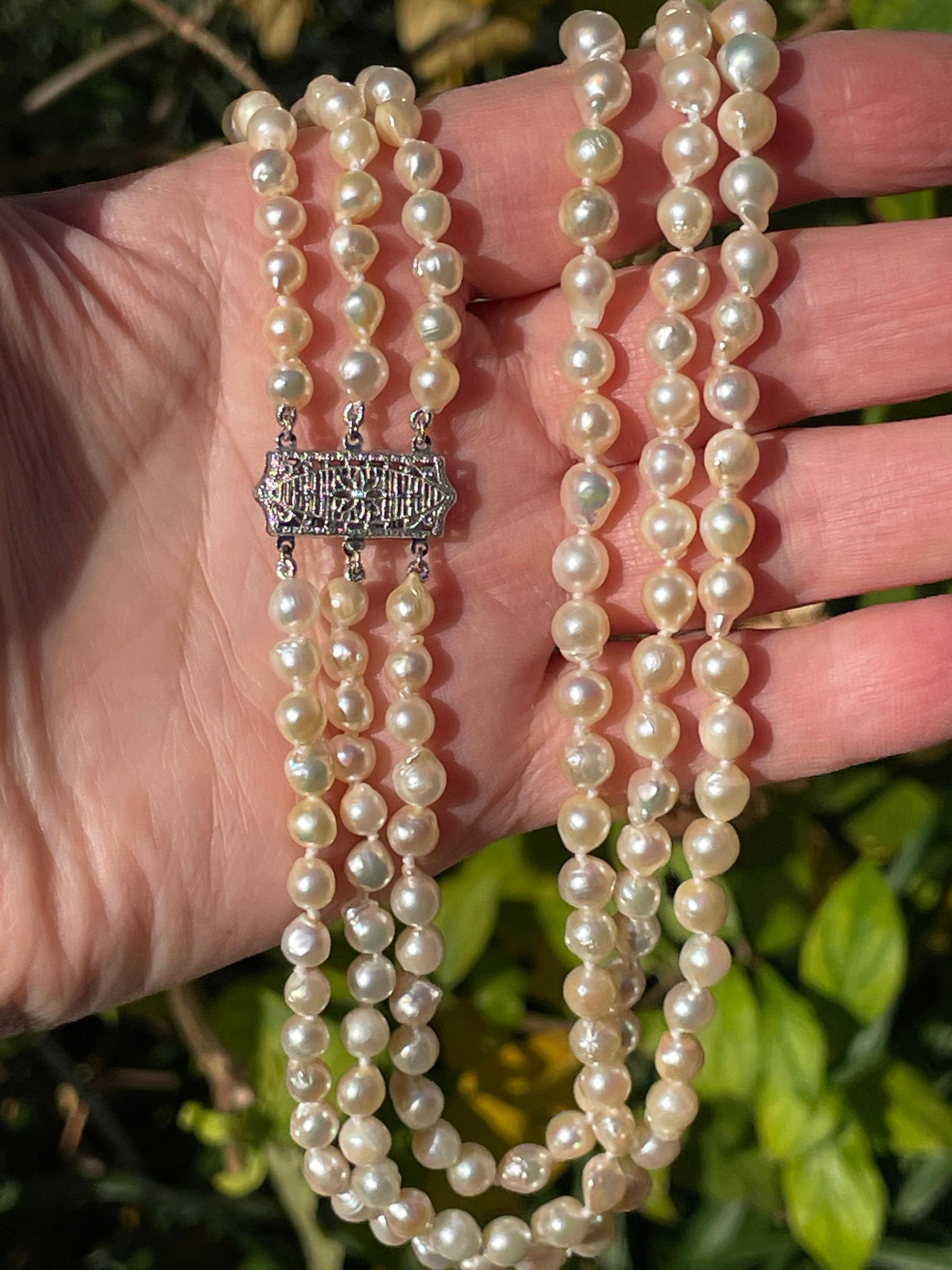 GIA Multi 3-Strand Akoya Baroque Japanese Pearl 14K White Gold Vintage Necklace 4