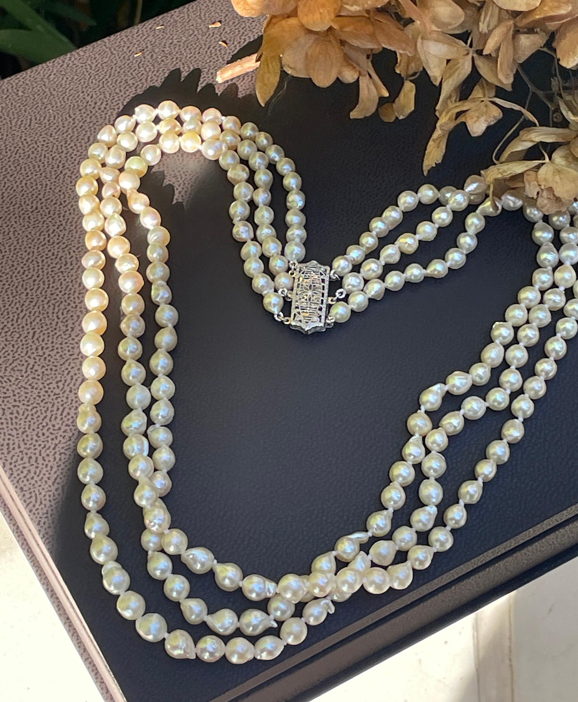 GIA Multi 3-Strand Akoya Baroque Japanese Pearl 14K White Gold Vintage Necklace 6