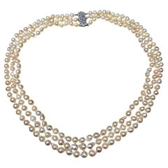 GIA Multi 3-Strand Akoya Baroque Japanese Pearl 14K White Gold Vintage Necklace
