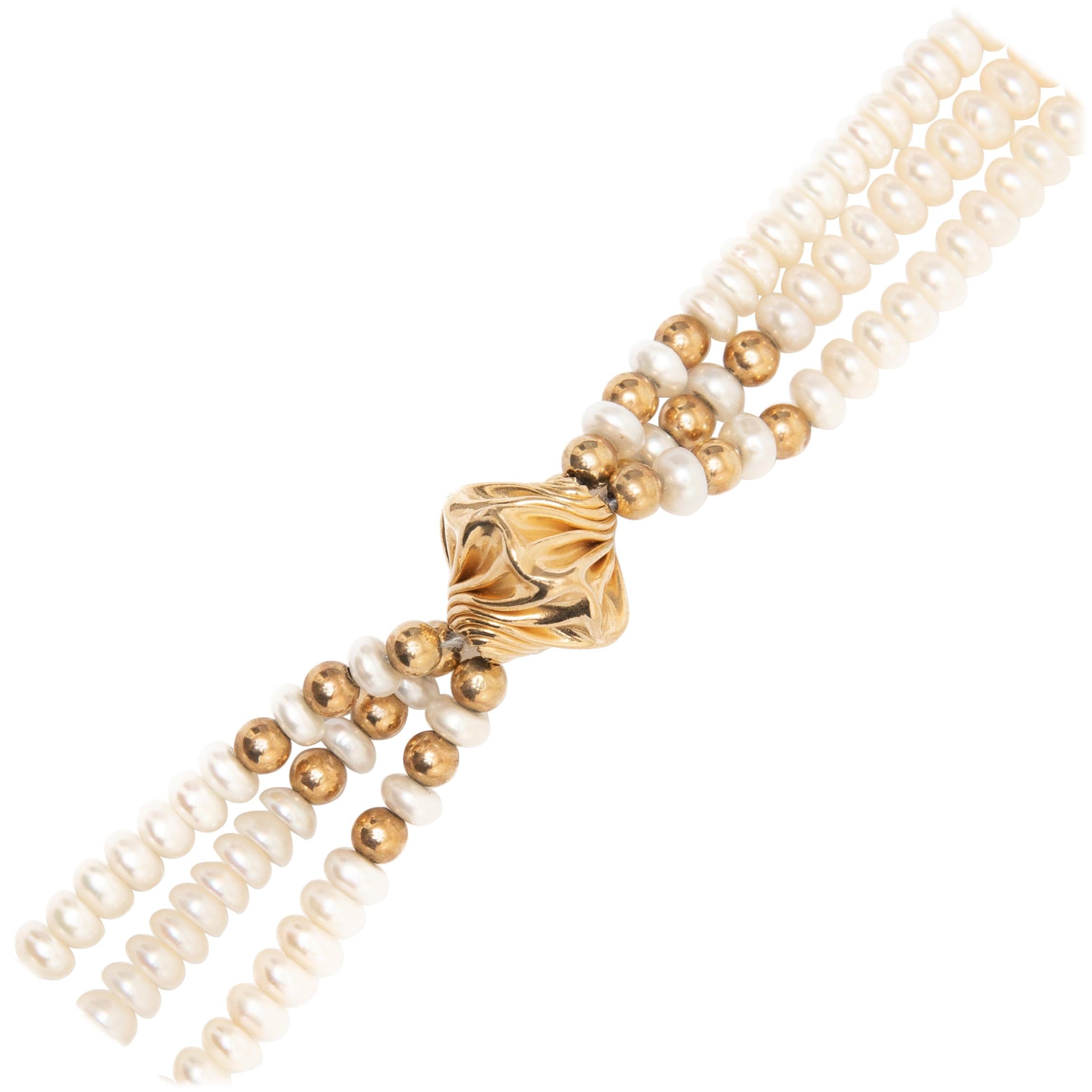 GIA Multi Stand Pearl and 14K Gold Necklace, circa 1980