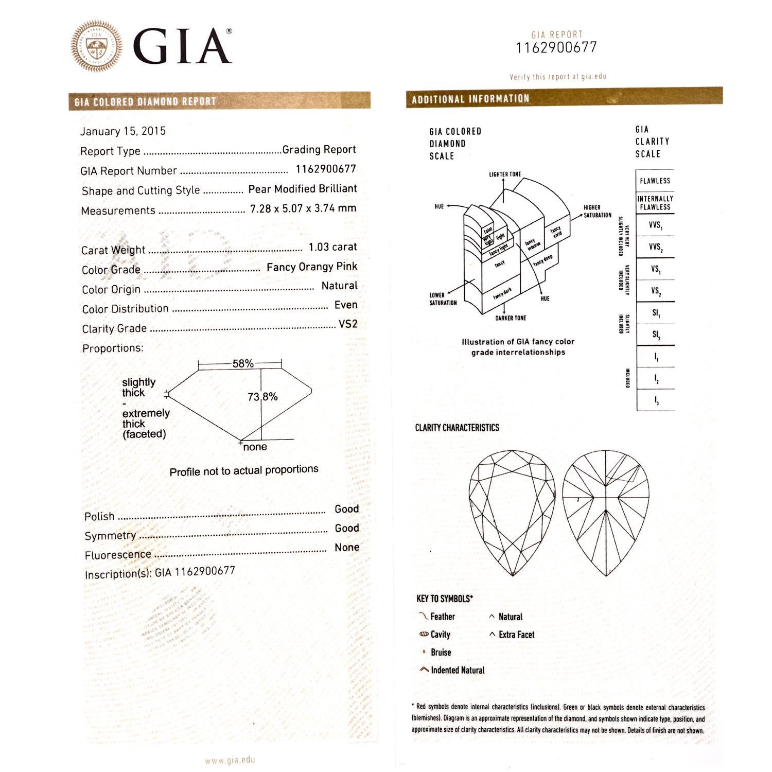 Art Deco GIA Natural 1.03 Carat Fancy Orangey Pink Diamond Platinum Engagement Ring