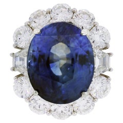 GIA Natural 18.28 Carat Oval Blue Sapphire & Diamond Platinum Ring In Stock