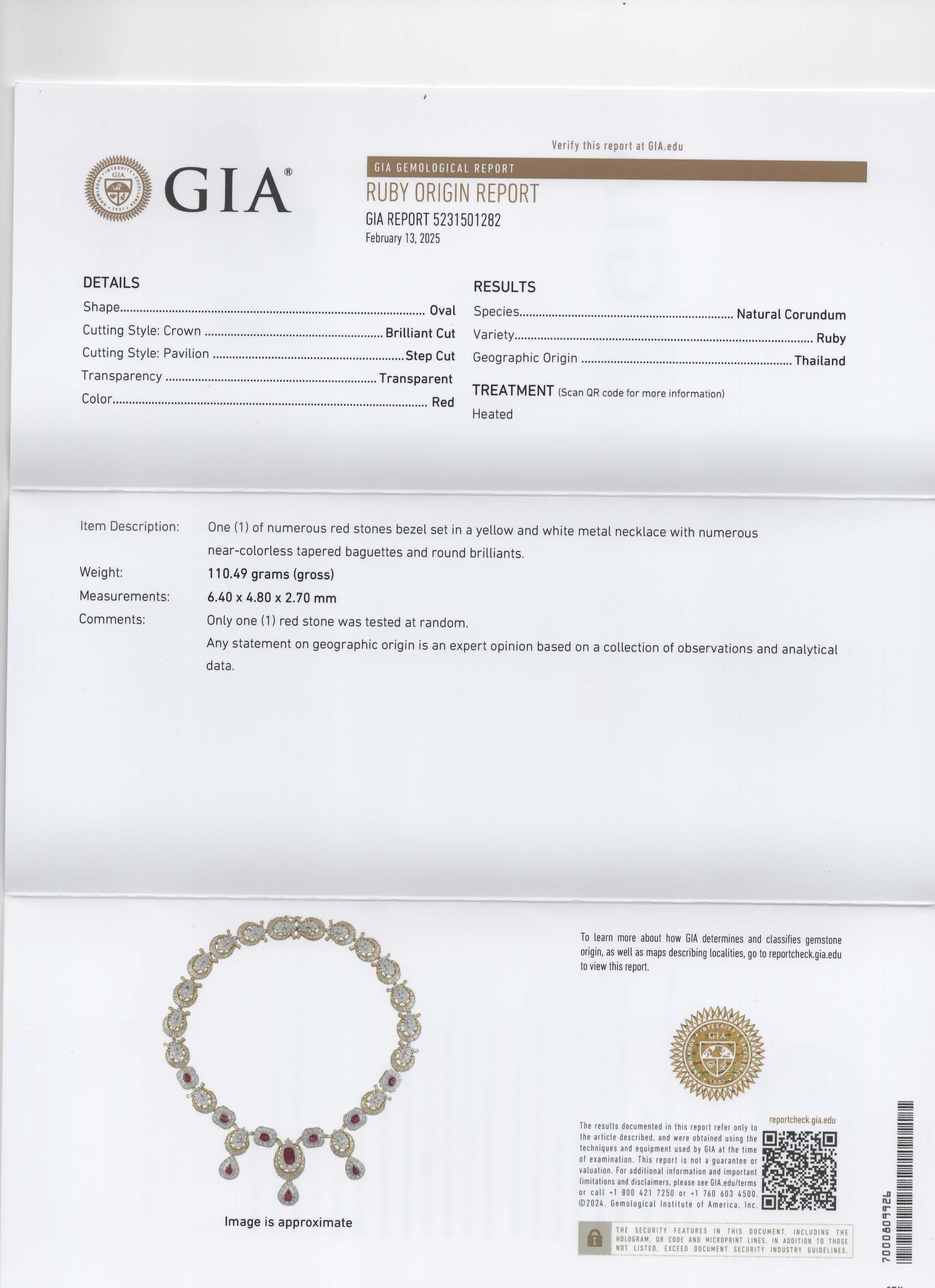 GIA Halskette aus 18 Karat Gelbgold mit natürlichem 8 Karat Rubin und 38 Karat Diamant 111 Gramm, 18 