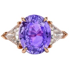 GIA Natural 9.25 Carat Purple Sapphire Diamond 18K Gold Three-Stone Oval Ring
