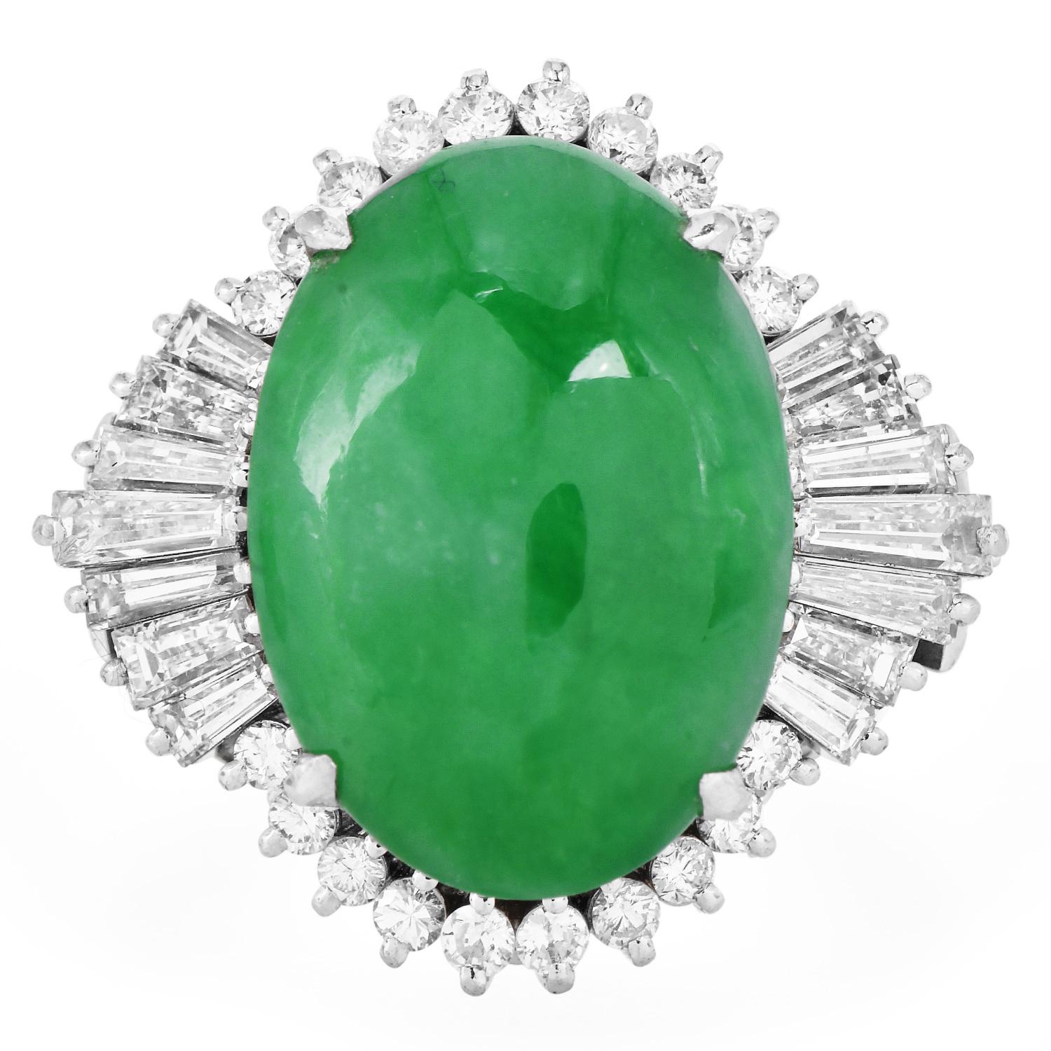 Cabochon GIA Natural Apple Green  Jade Diamond Platinum Ballerina Cocktail Ring For Sale