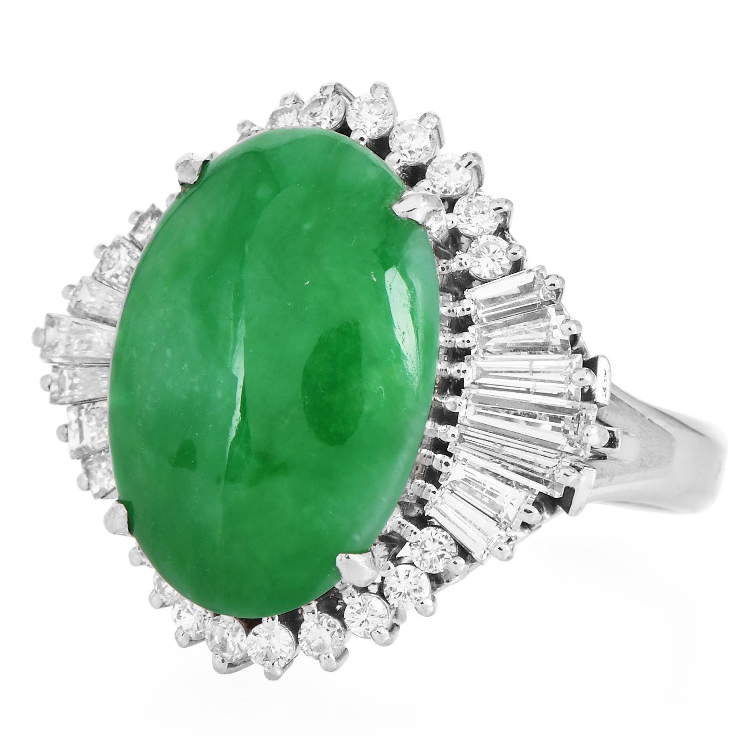 GIA Natural Apple Green  Jade Diamond Platinum Ballerina Cocktail Ring In Excellent Condition For Sale In Miami, FL
