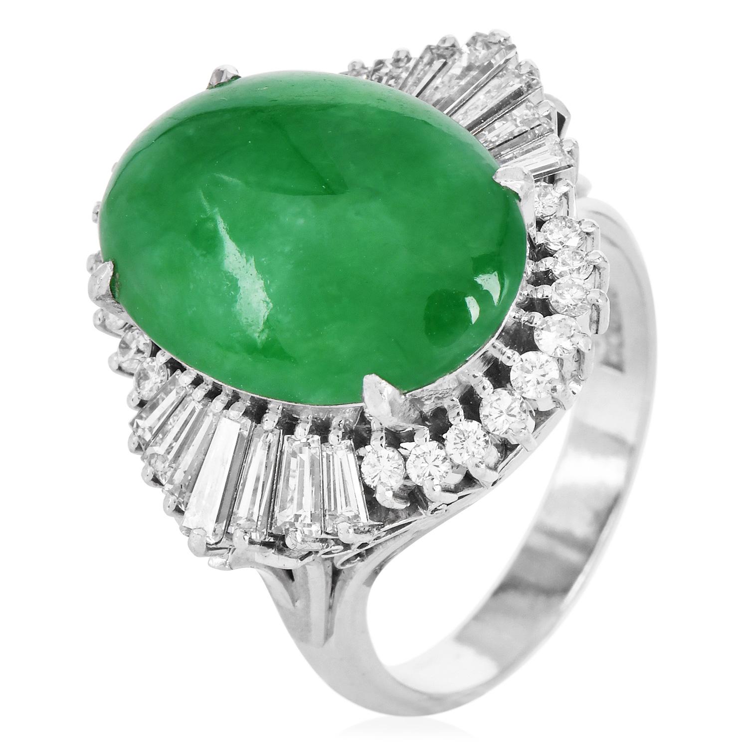 Women's GIA Natural Apple Green  Jade Diamond Platinum Ballerina Cocktail Ring For Sale