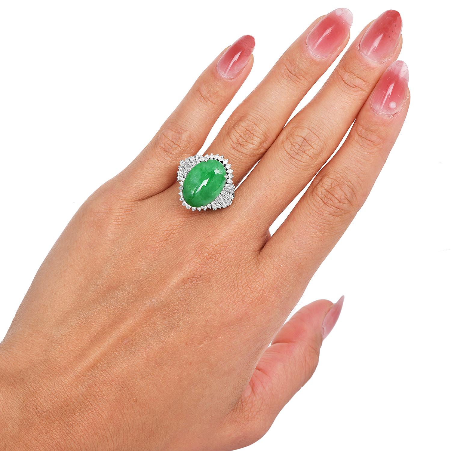 GIA Natural Apple Green  Jade Diamond Platinum Ballerina Cocktail Ring For Sale 3
