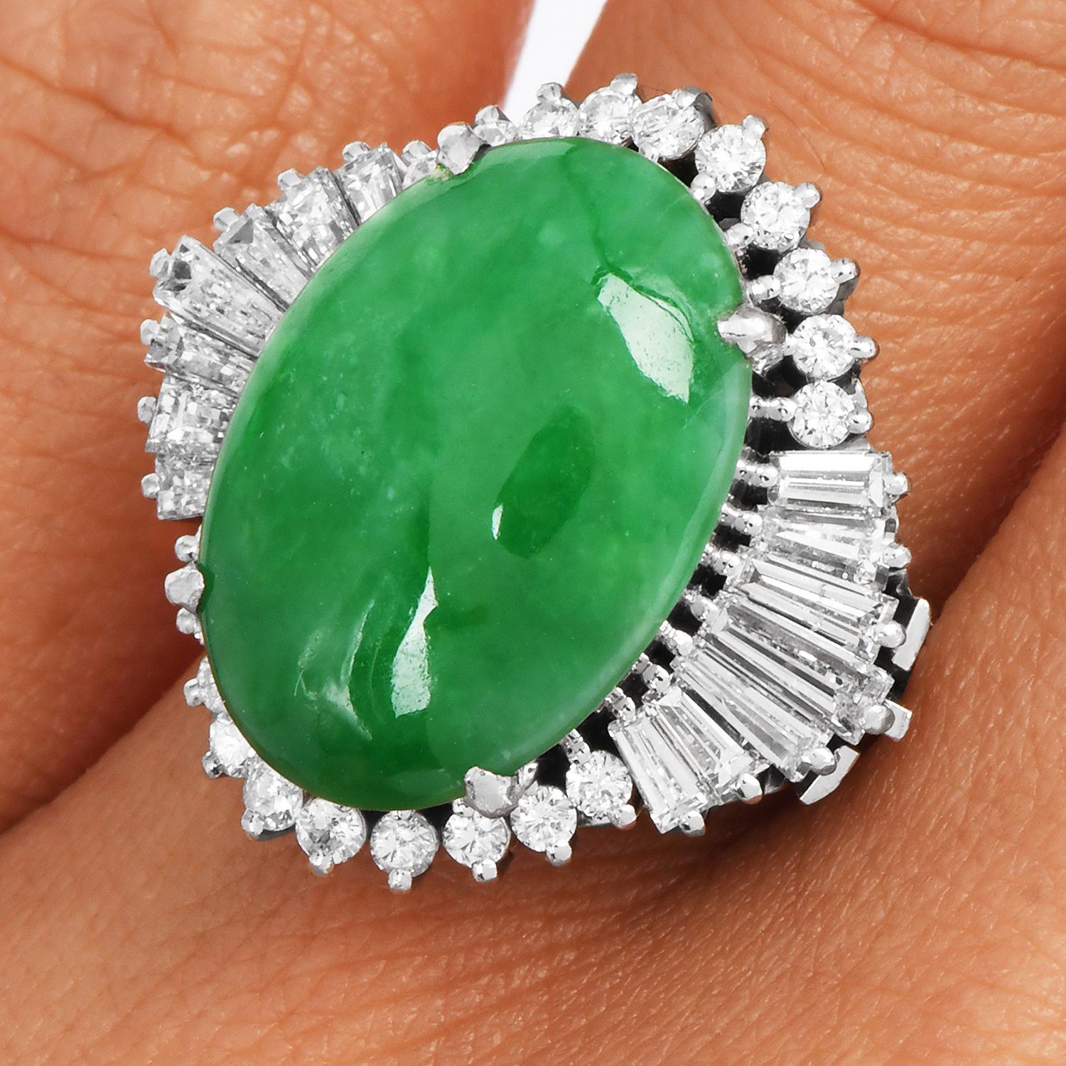 GIA Natural Apple Green  Jade Diamond Platinum Ballerina Cocktail Ring For Sale 4