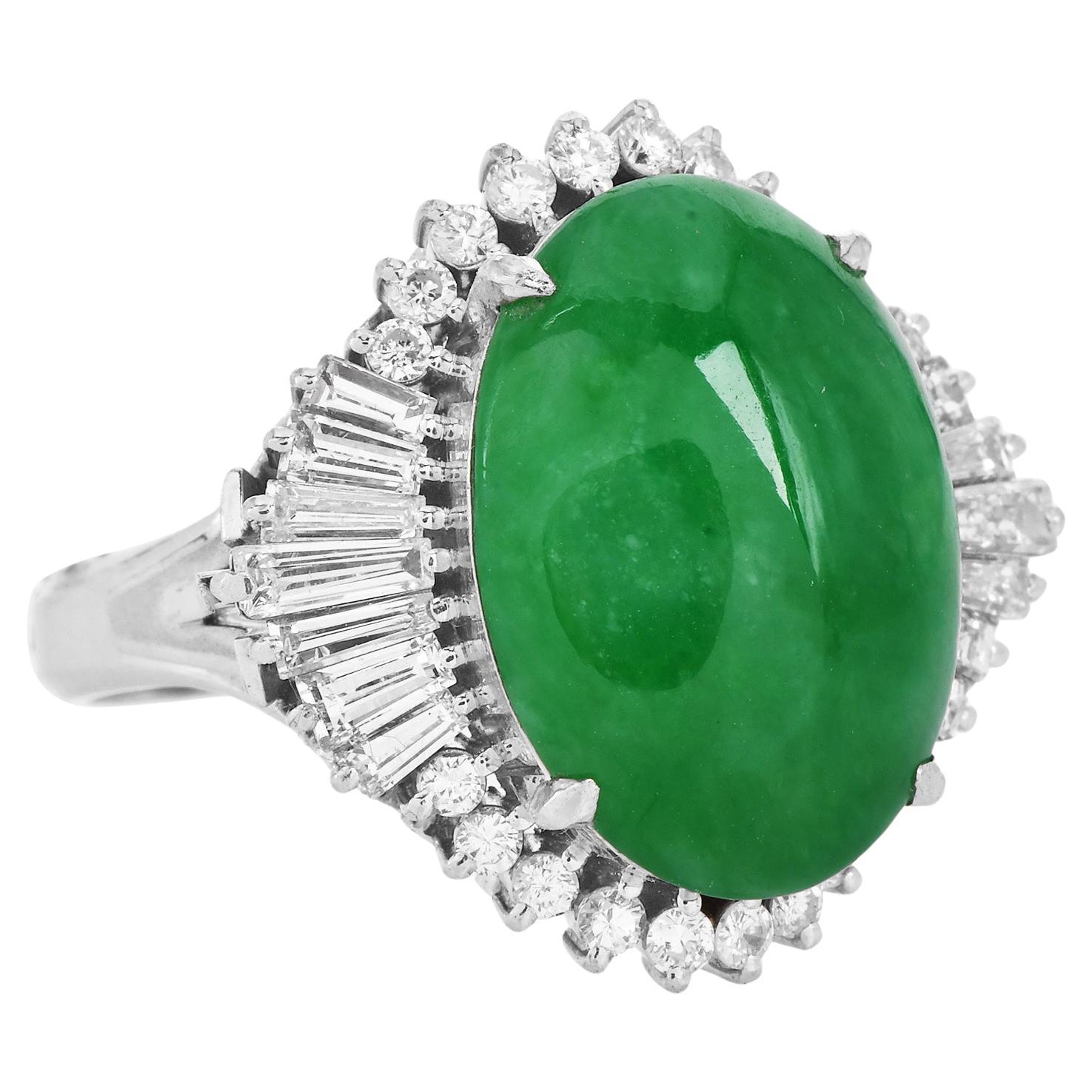 GIA Natural Apple Green  Jade Diamond Platinum Ballerina Cocktail Ring For Sale