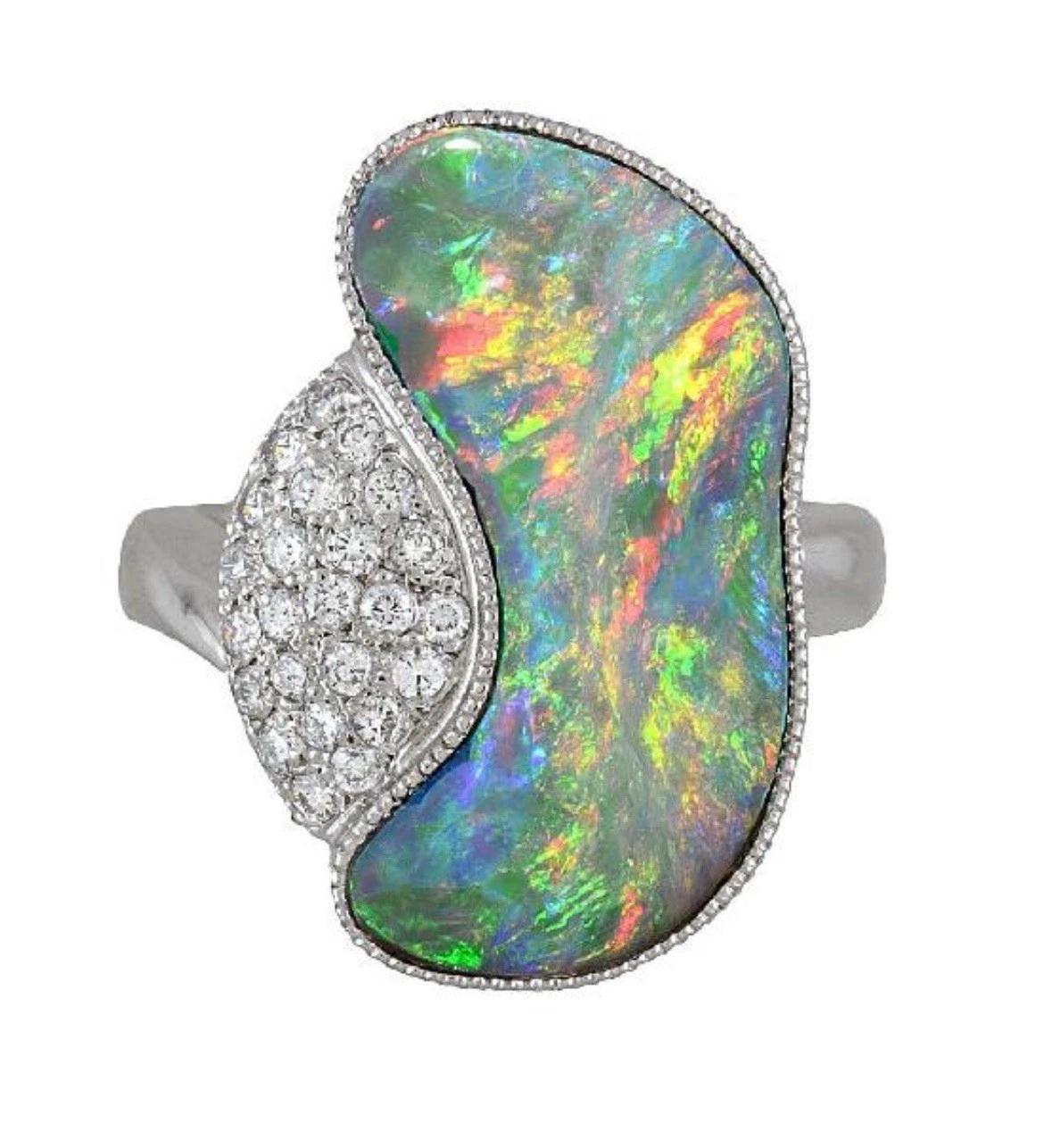 GIA Natural Black Opal 5.40 ct and Diamond Ring in Platinum For Sale 5