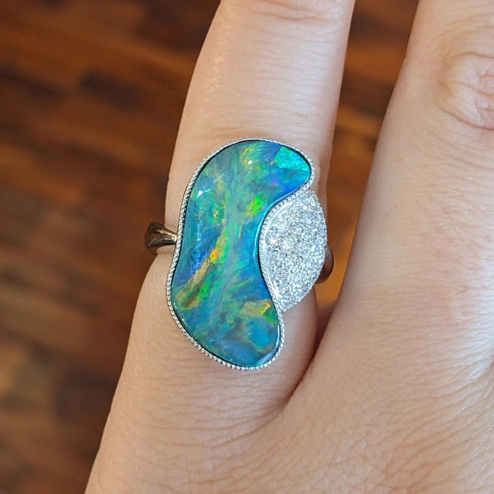 Cabochon GIA Natural Black Opal 5.40 ct and Diamond Ring in Platinum For Sale