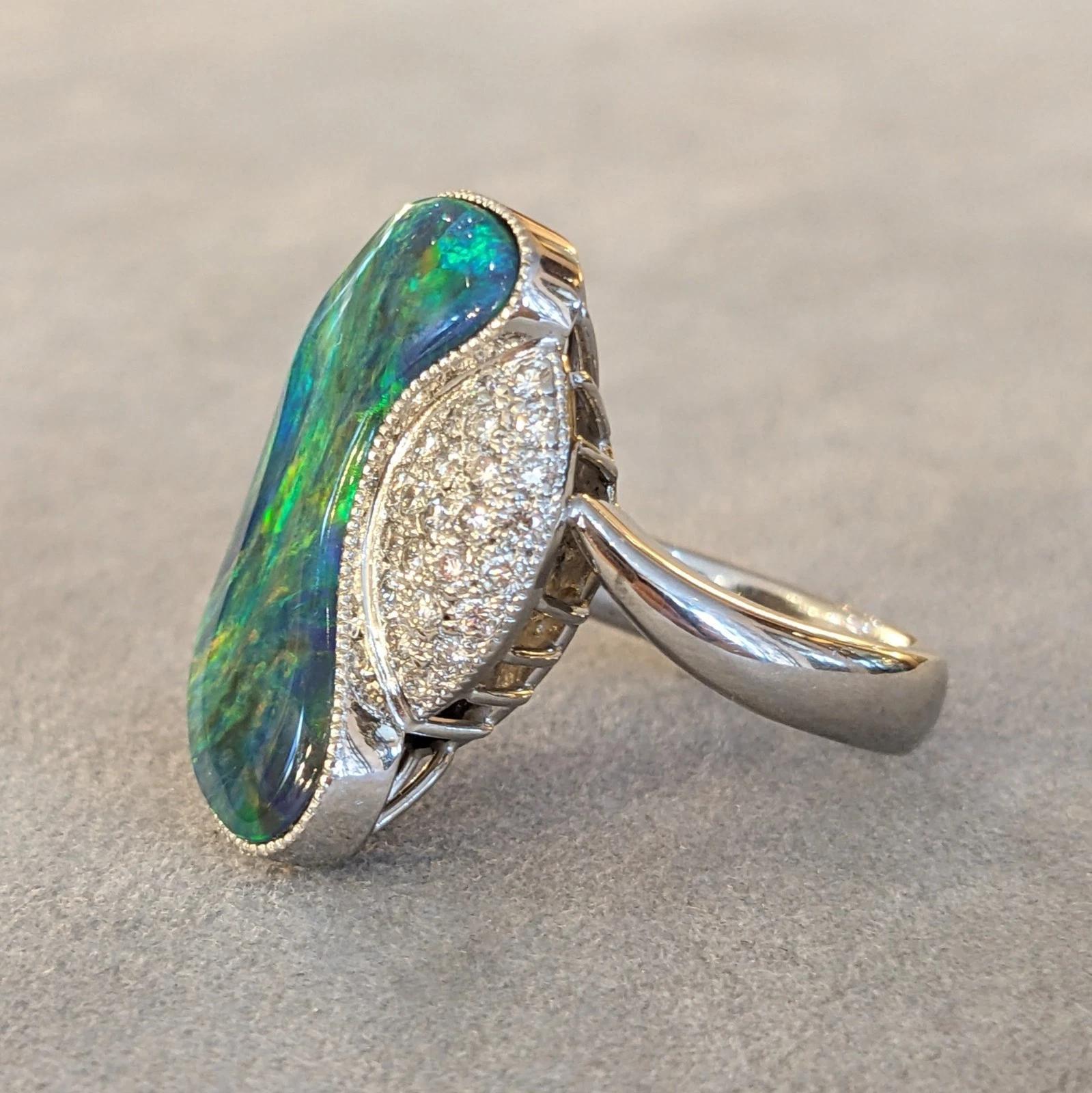 GIA Natural Black Opal 5.40 ct and Diamond Ring in Platinum For Sale 1