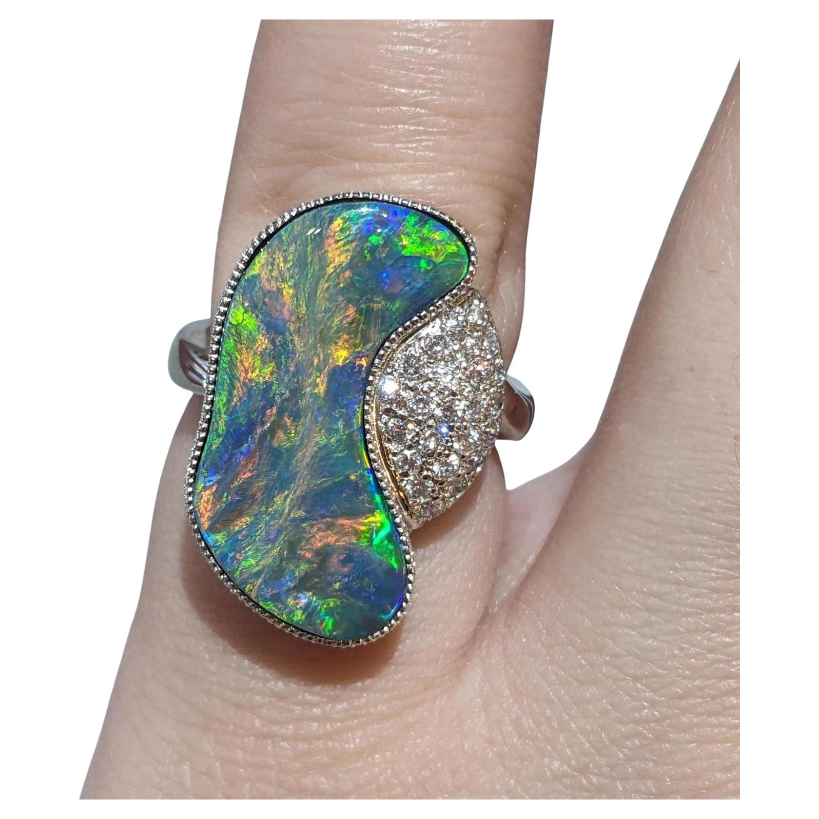 GIA Natural Black Opal 5.40 ct and Diamond Ring in Platinum