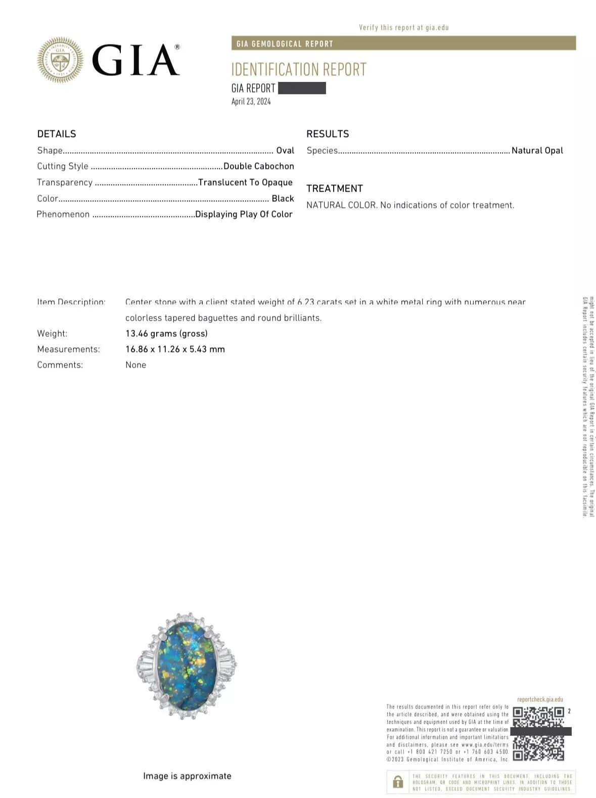 GIA Natural Black Opal 6.23 carats and Diamond Cocktail Ring in Platinum For Sale 5