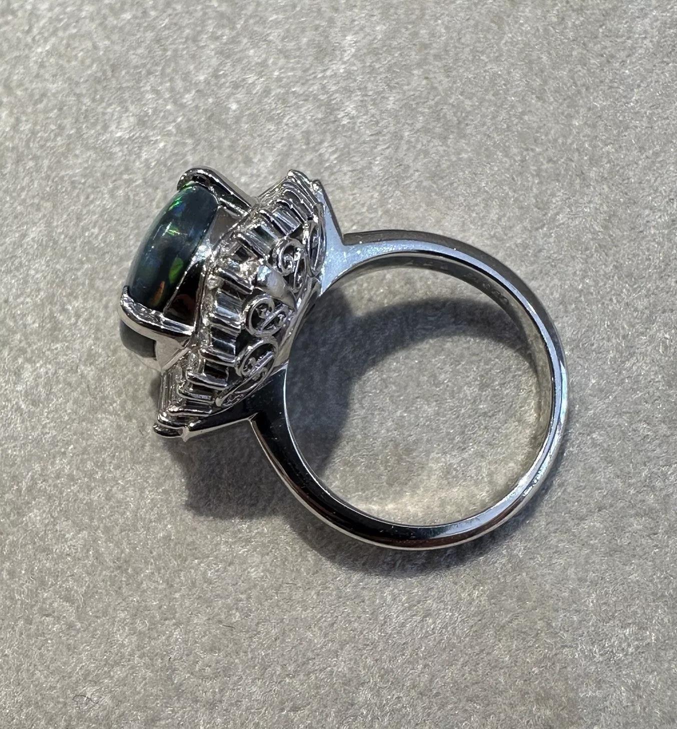 Women's GIA Natural Black Opal 6.23 carats and Diamond Cocktail Ring in Platinum For Sale