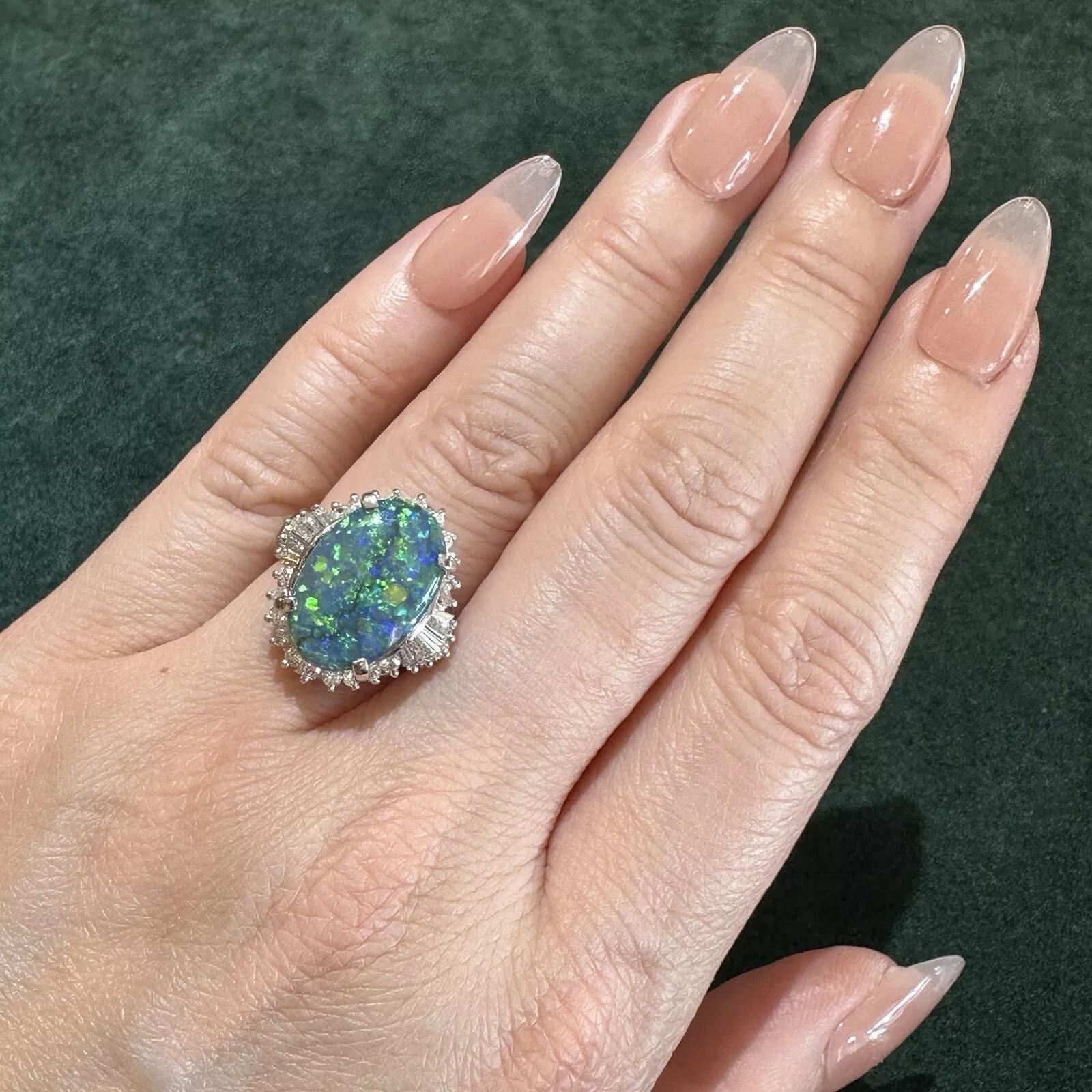 GIA Natural Black Opal 6.23 carats and Diamond Cocktail Ring in Platinum For Sale 3