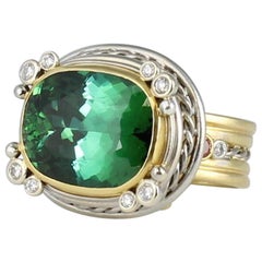 GIA 18.36 Ct.Natural Blue Green Tourmaline in Platinum and 18 Karat Gold