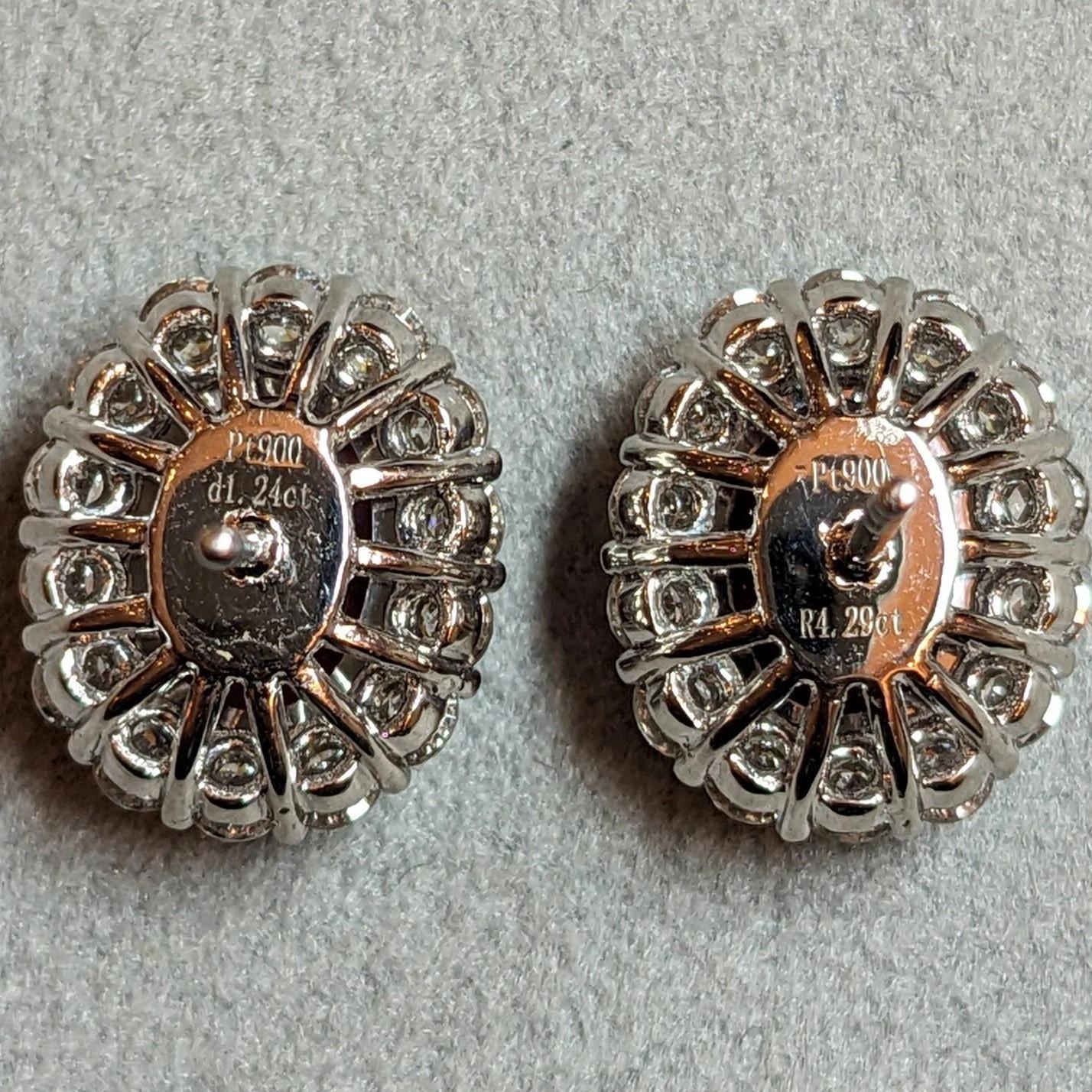 GIA Natural Burma Ruby Oval Stud Earrings with Diamonds in Platinum & 14k Gold For Sale 6