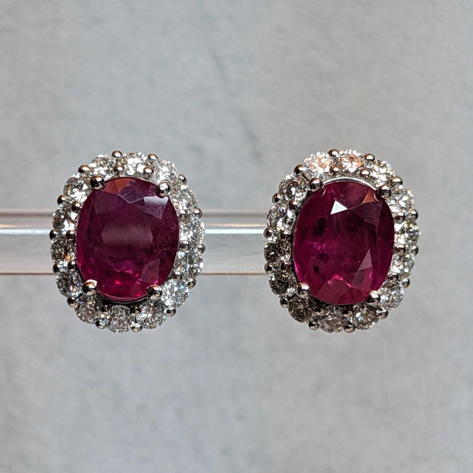 GIA Natural Burma Ruby Oval Stud Earrings with Diamonds in Platinum & 14k Gold In Excellent Condition For Sale In La Jolla, CA