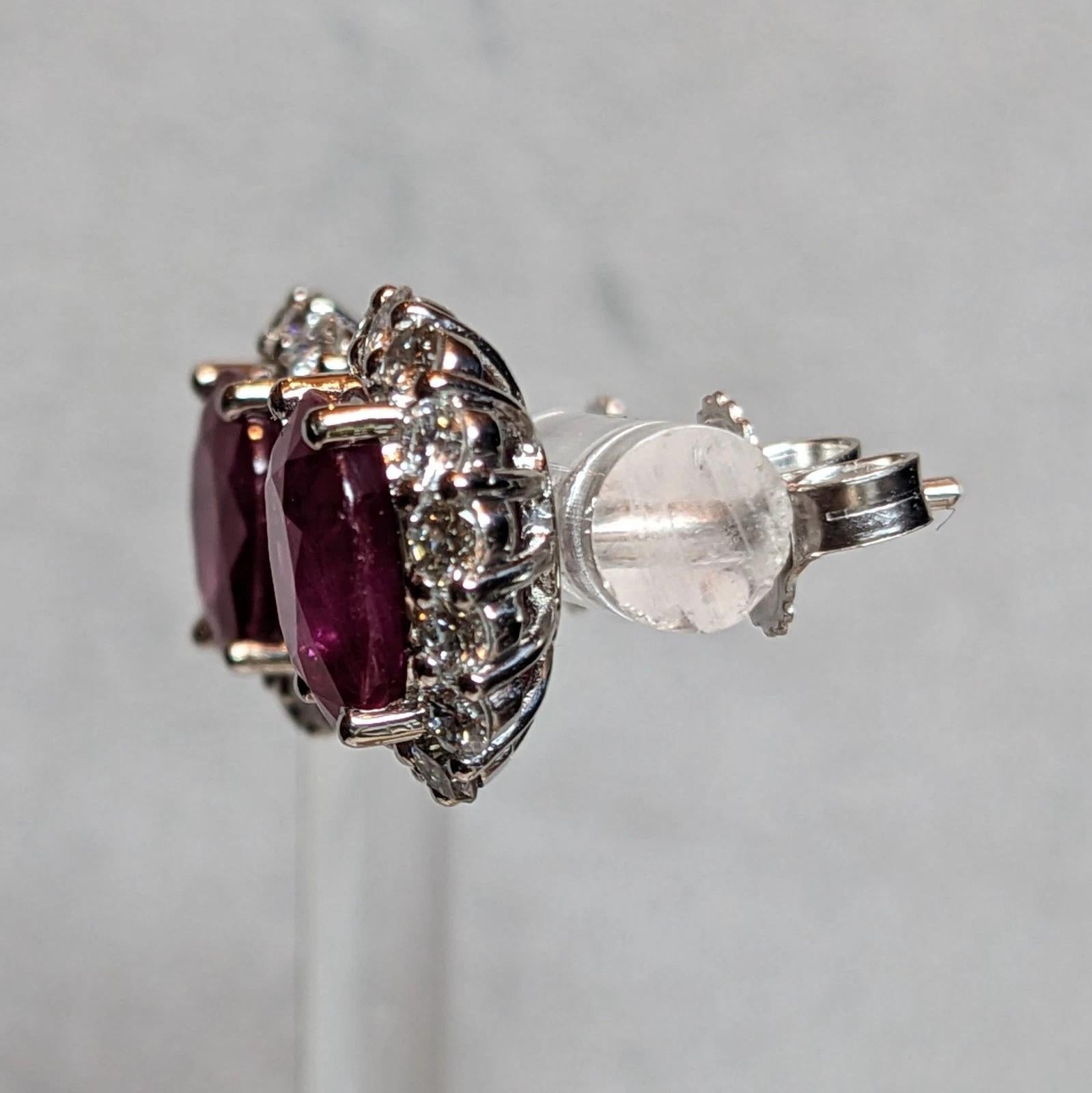 GIA Natural Burma Ruby Oval Stud Earrings with Diamonds in Platinum & 14k Gold For Sale 1