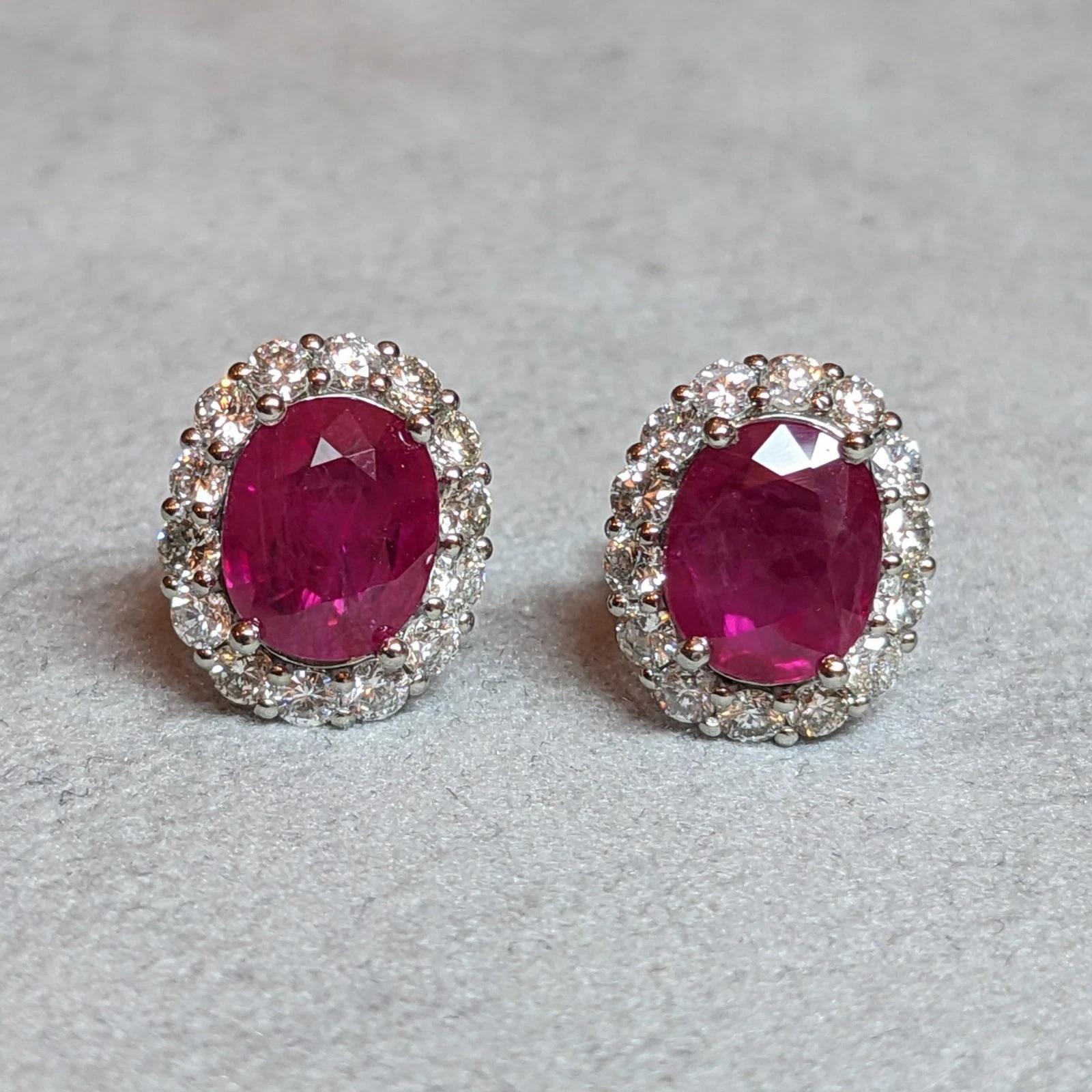 GIA Natural Burma Ruby Oval Stud Earrings with Diamonds in Platinum & 14k Gold For Sale 3