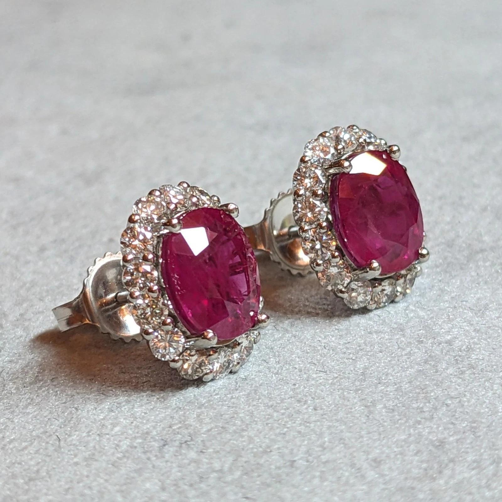 GIA Natural Burma Ruby Oval Stud Earrings with Diamonds in Platinum & 14k Gold For Sale 4