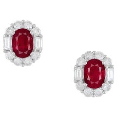 GIA Natural Burma Ruby Oval Stud Earrings with Diamonds in Platinum 
18k Gold
