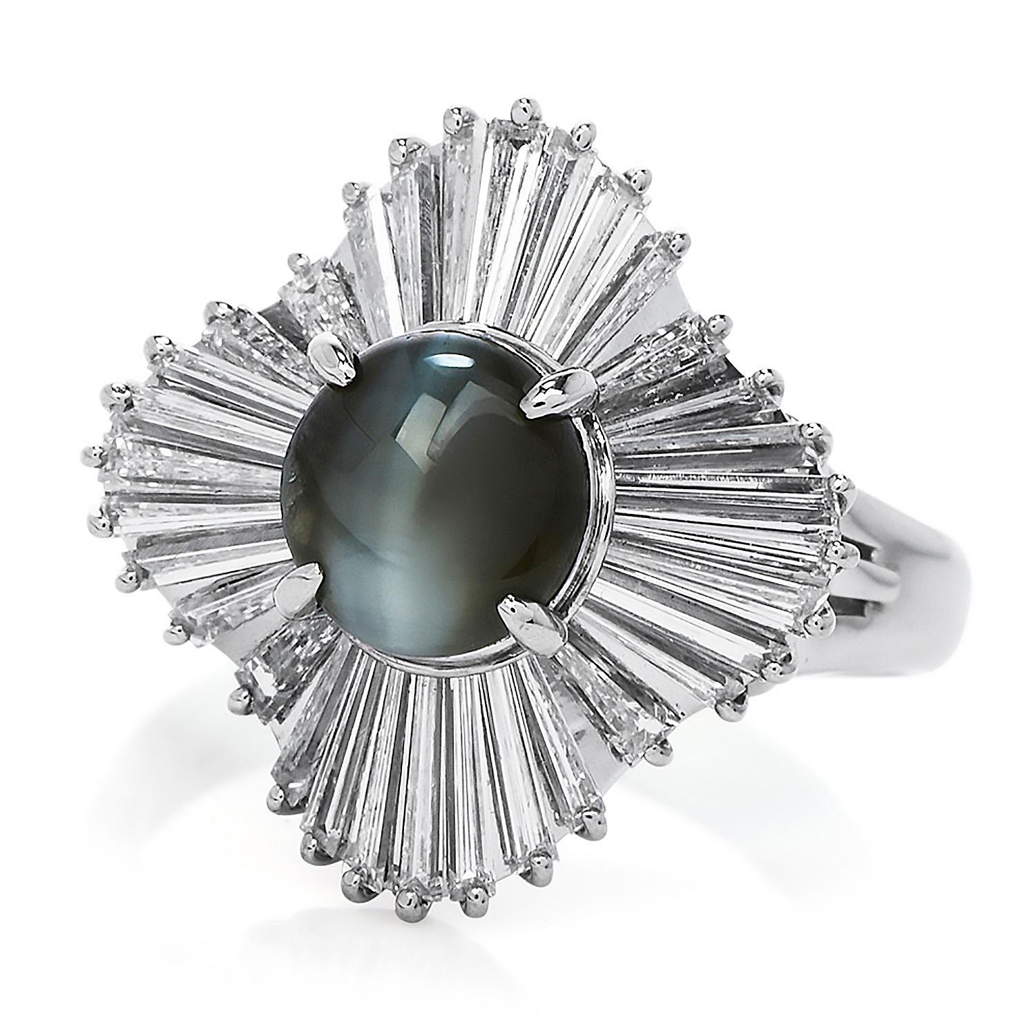 GIA Natural Cat's Eye Chrysoberyl Diamond Platinum Ballerina Ring In Excellent Condition For Sale In Miami, FL