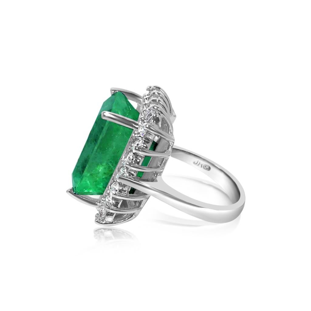 Modern GIA Certified Natural 20 Carat Colombian Emerald Diamond Ring For Sale