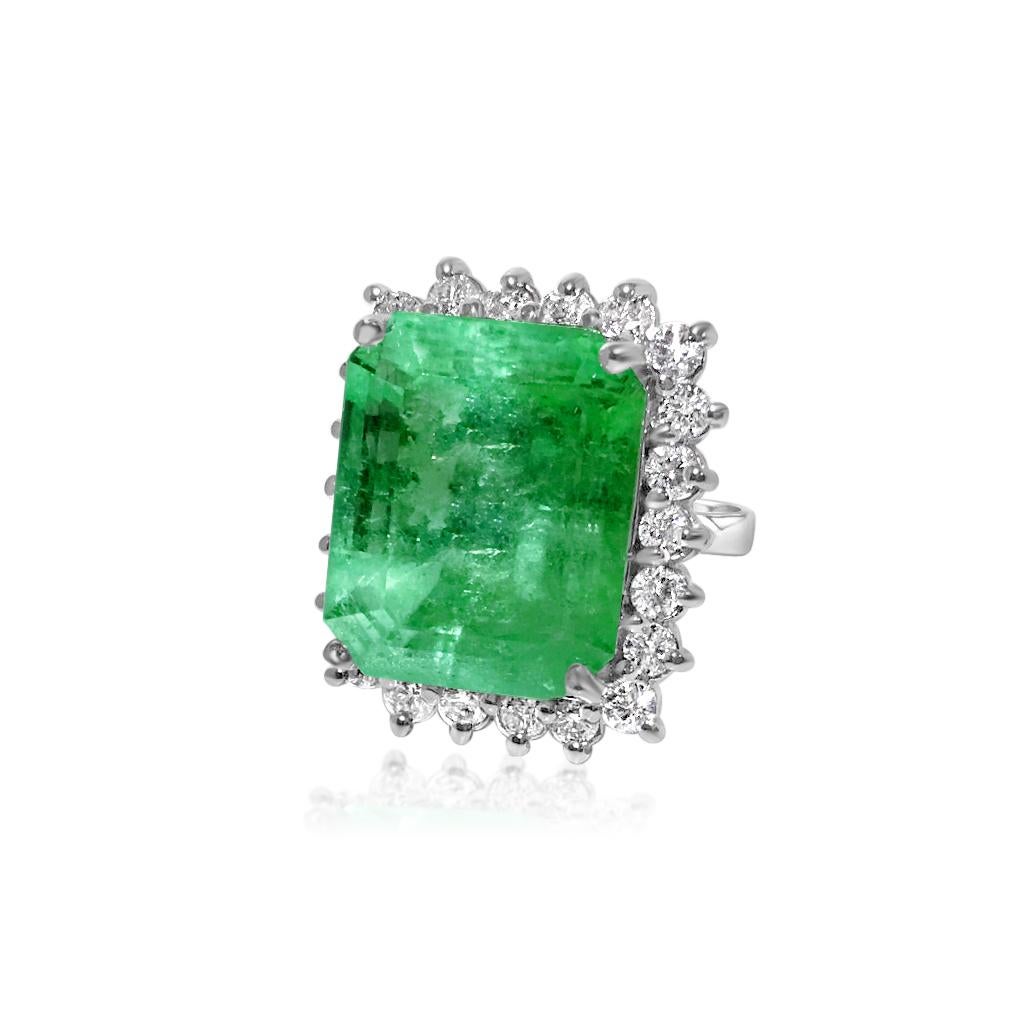 Emerald Cut GIA Certified Natural 20 Carat Colombian Emerald Diamond Ring For Sale