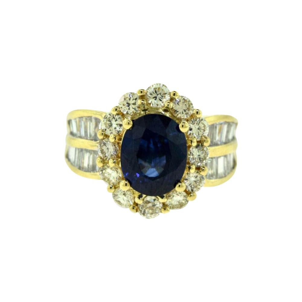 GIA Natural Corundum Sapphire, Round and Baguette Diamond Yellow Gold Ring