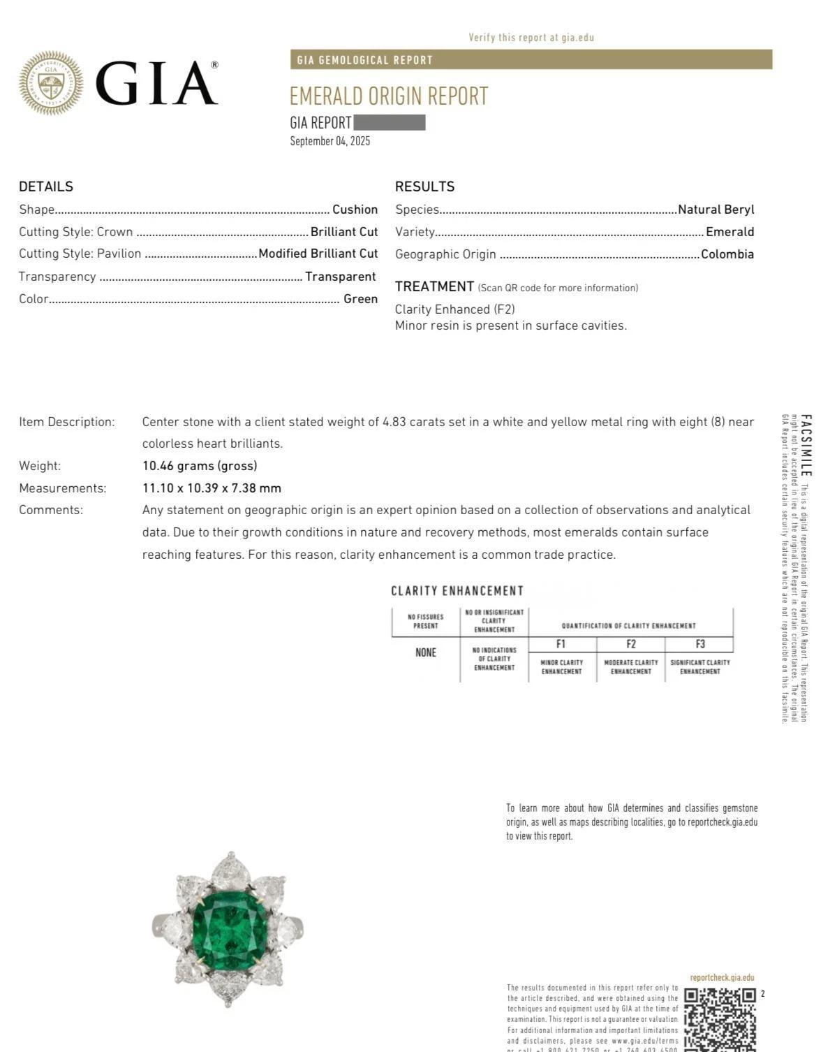 GIA Emeraude Naturelle 4.83 ct avec diamants de coeur en or blanc 18k

La bague Emerald présente une émeraude colombienne naturelle pesant 4,83 carats d'un vert profond, entourée de 8 diamants Heart Brilliant dans une monture en or blanc 18k.

Le