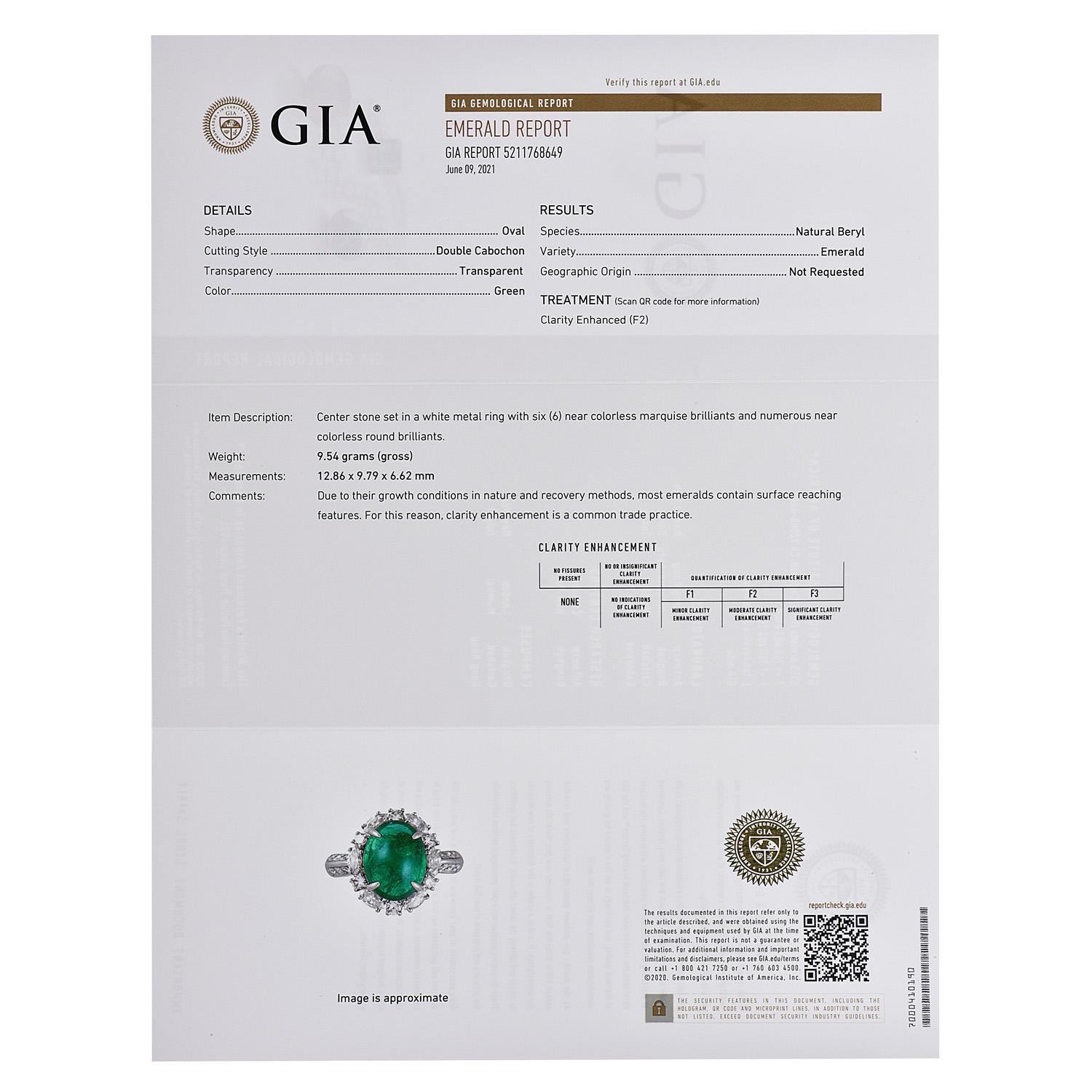 Modern GIA Natural Emerald Diamond Platinum Oval Halo Cocktail Ring For Sale