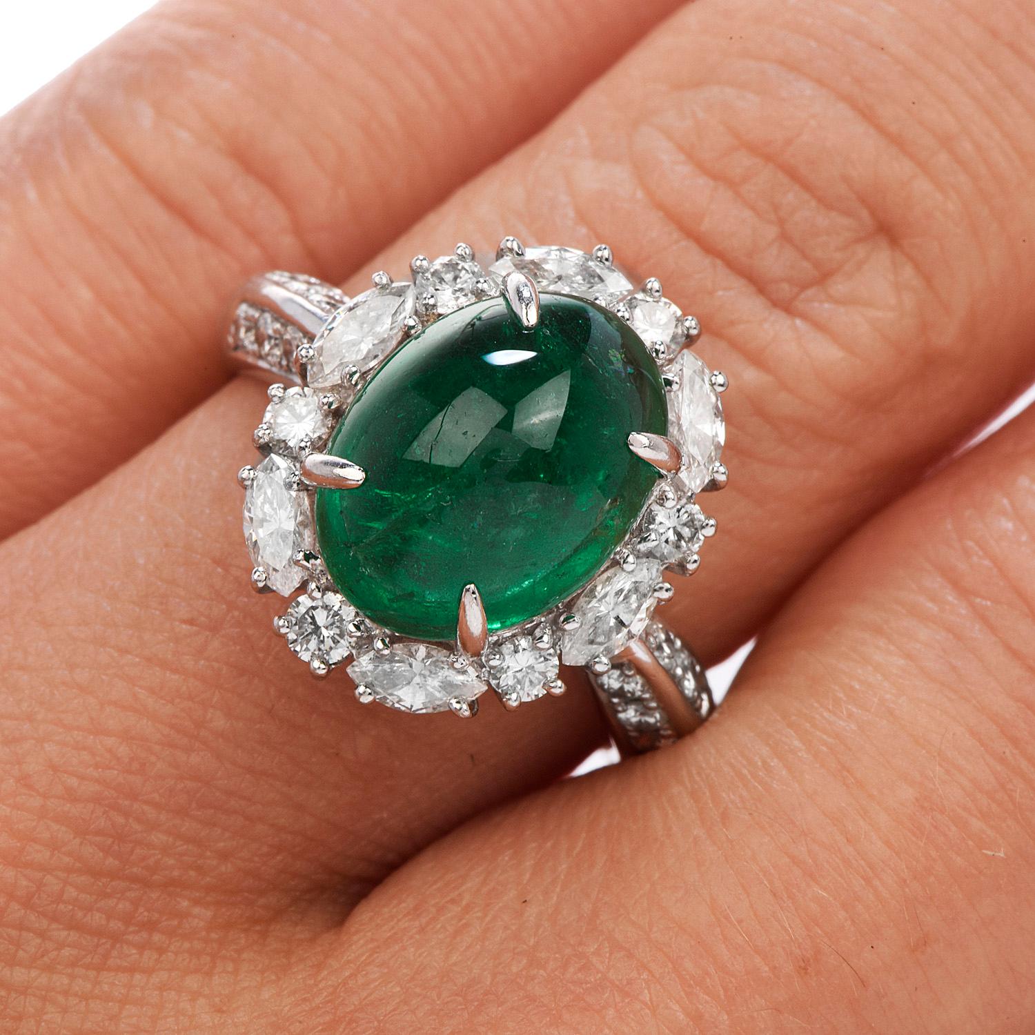 Oval Cut GIA Natural Emerald Diamond Platinum Oval Halo Cocktail Ring For Sale