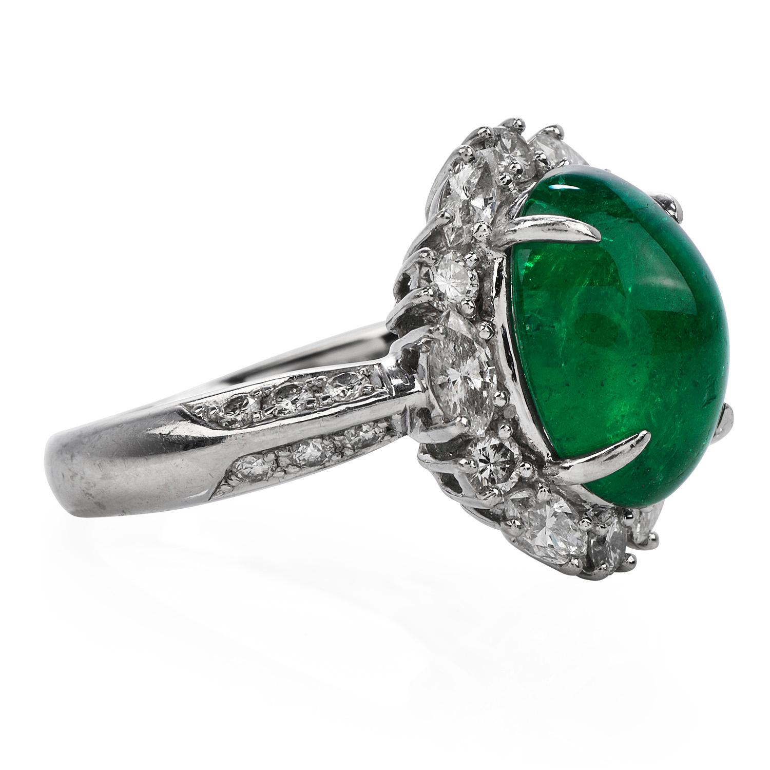 Women's or Men's GIA Natural Emerald Diamond Platinum Oval Halo Cocktail Ring For Sale