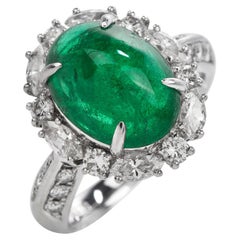Vintage GIA Natural Emerald Diamond Platinum Oval Halo Cocktail Ring